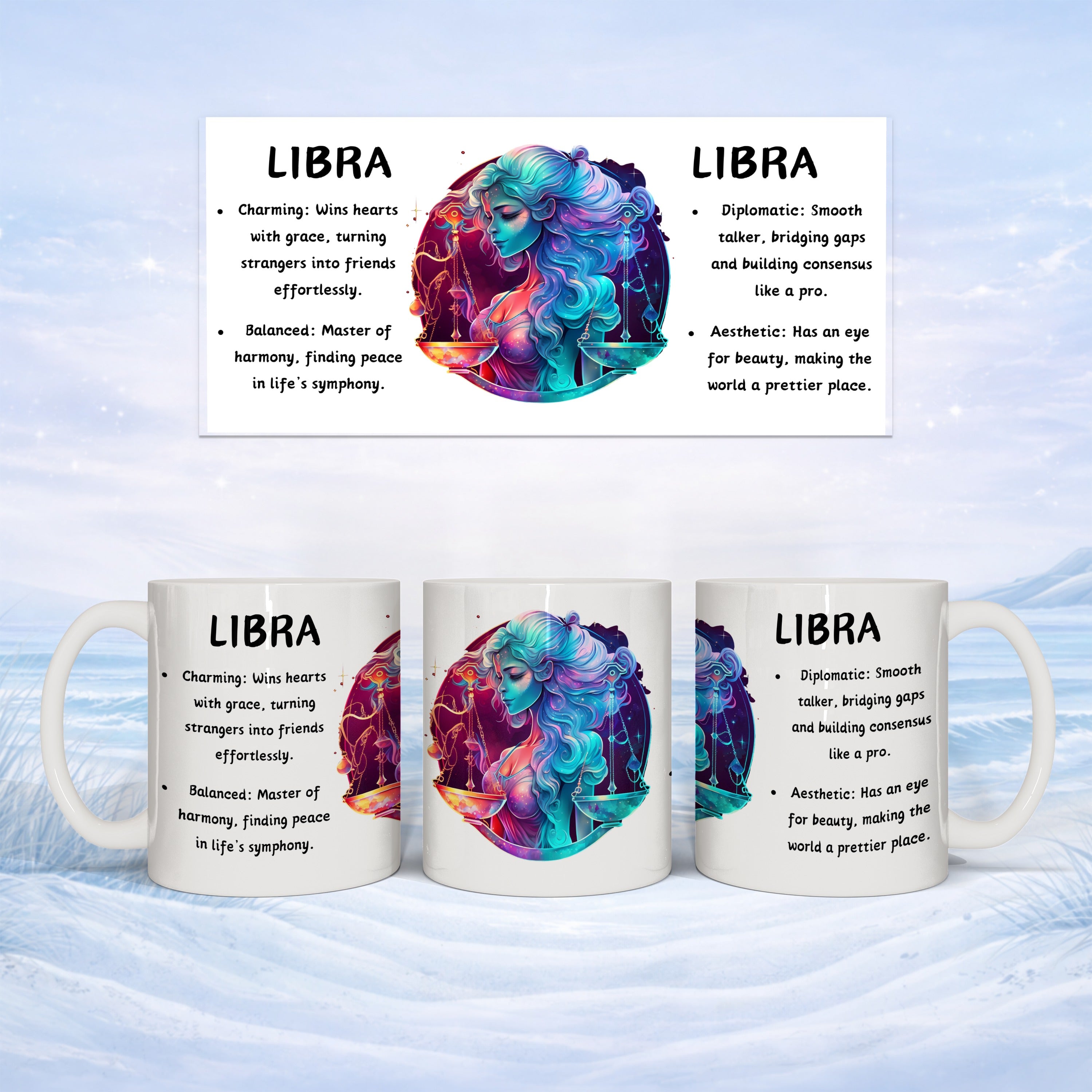 Mug with Libra zodiac sign, astrological traits, and cosmic art.