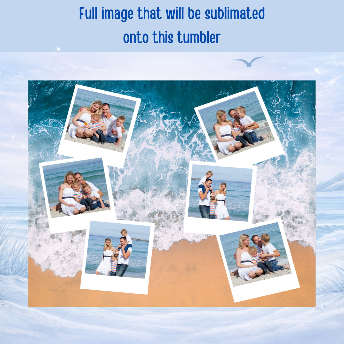 Collage of family photos on beach and ocean background.