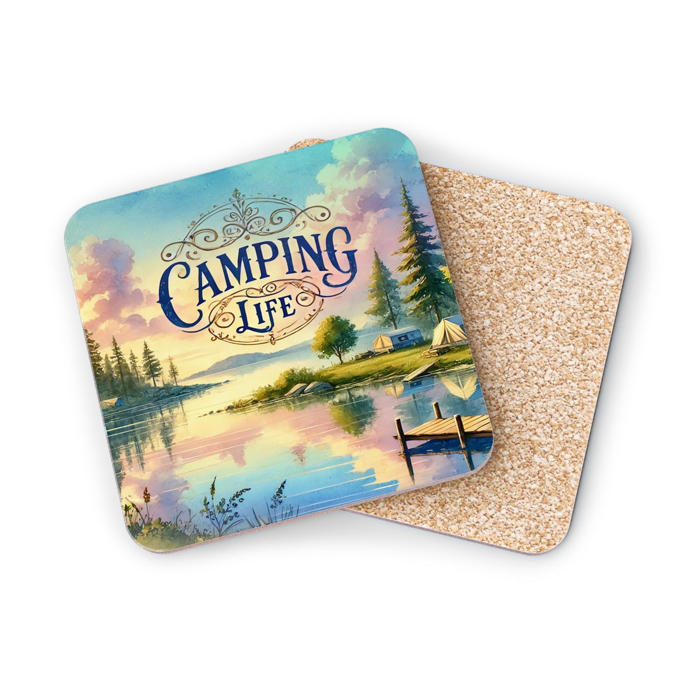 Coaster with serene lake camping scene and "Camping Life" text.