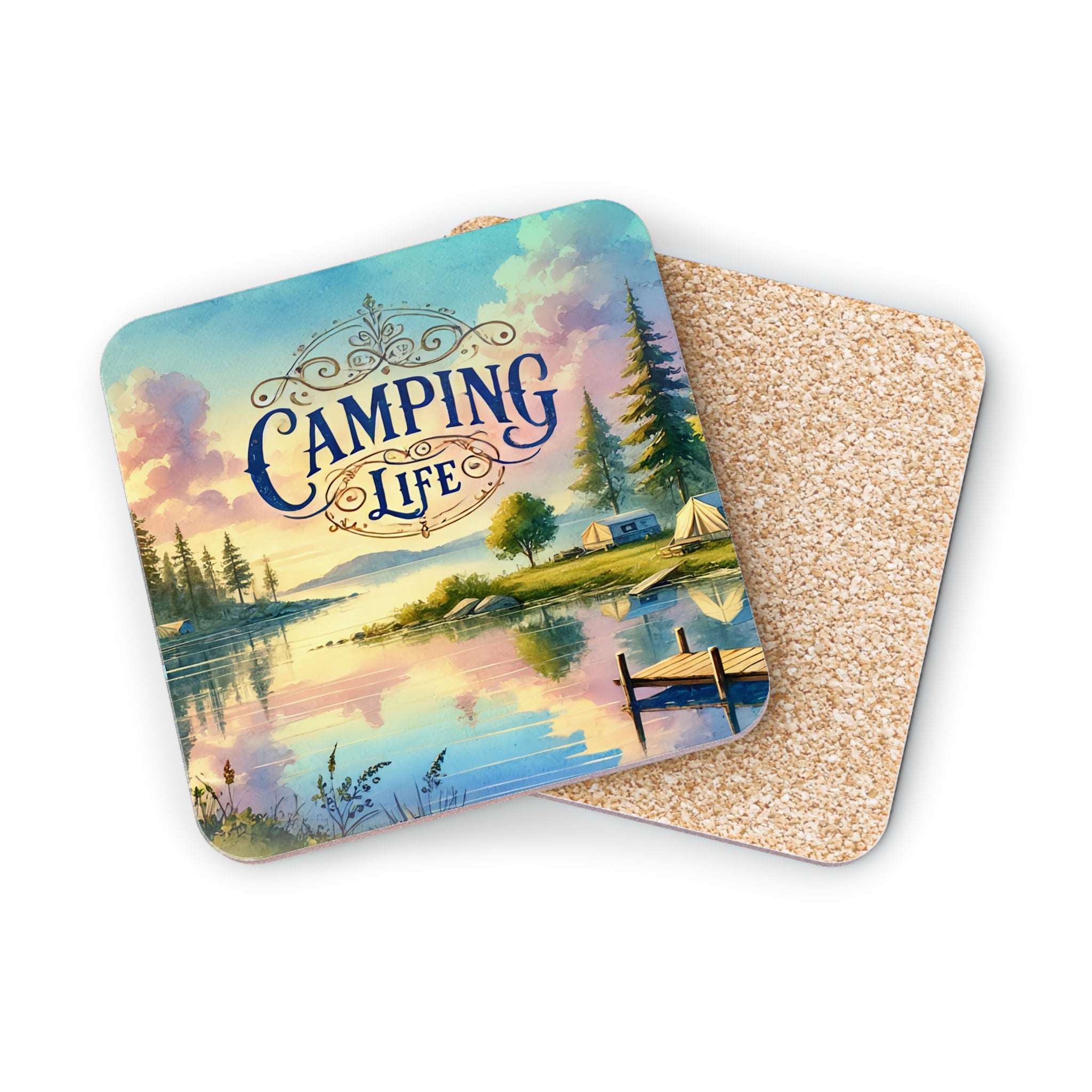 Coaster with serene lake camping scene and "Camping Life" text.