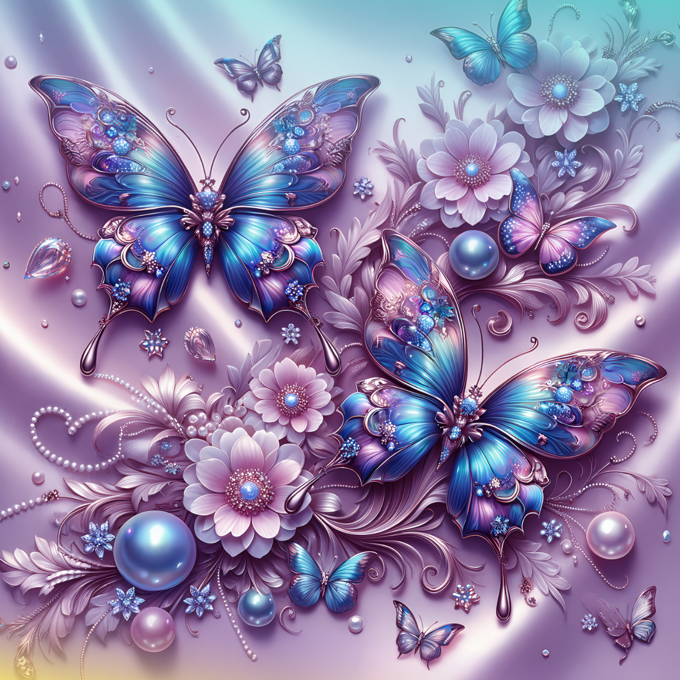 Two large blue butterflies amongst pink flowers and pearls on a satin background.