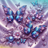 Two large blue butterflies amongst pink flowers and pearls on a satin background.