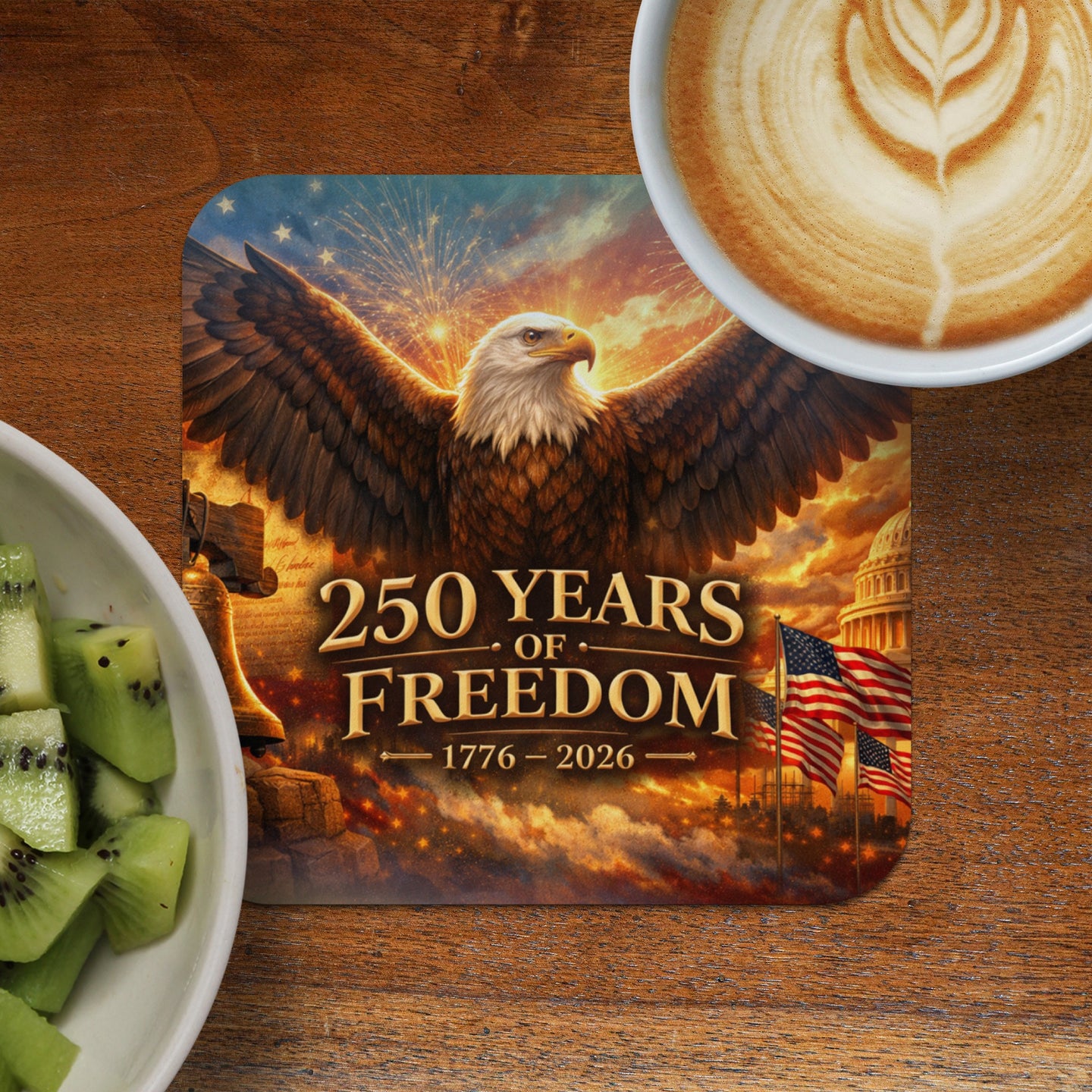 Eagle against fireworks, USA flag, Capitol Building, and "250 Years of Freedom" text.