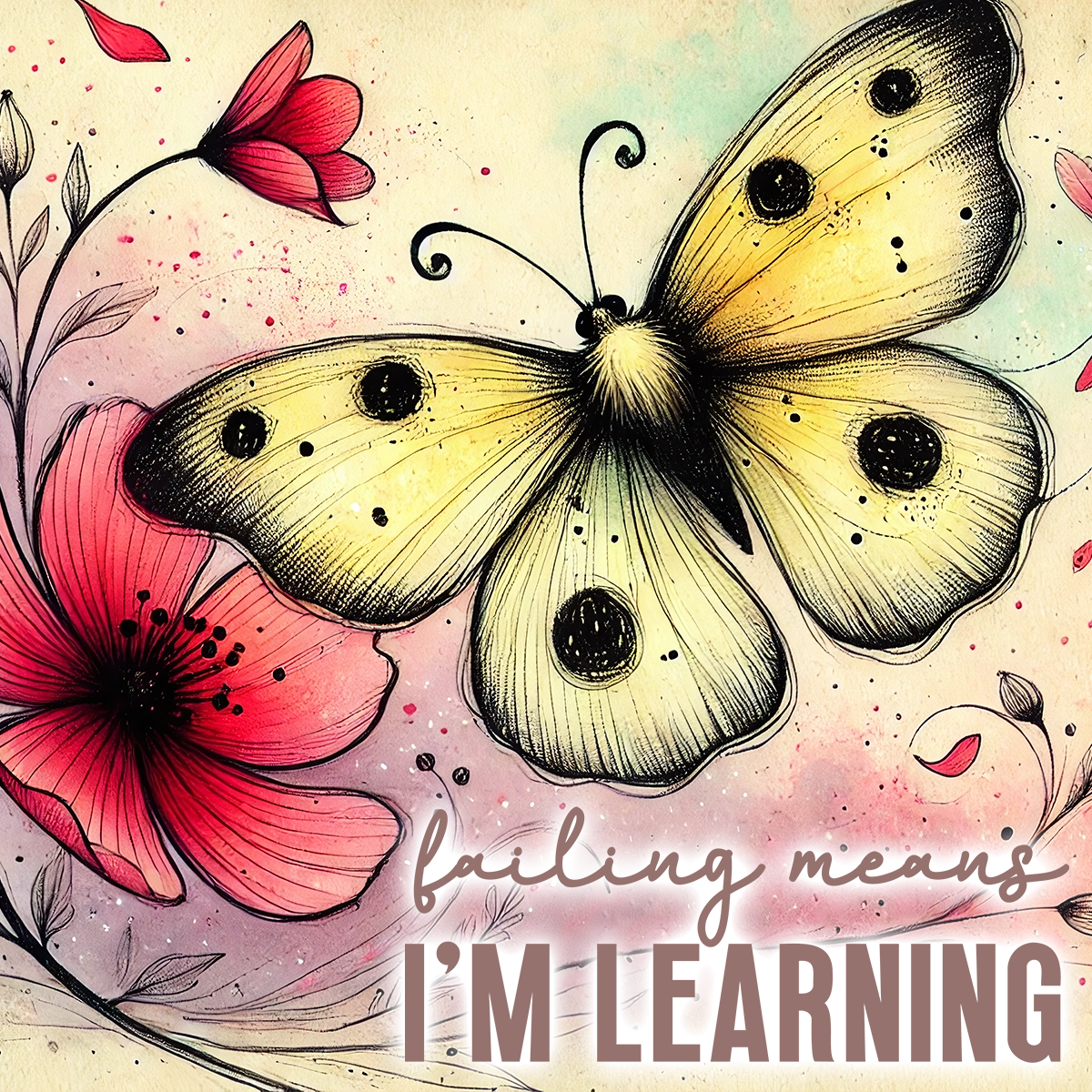 Yellow butterfly with black spots on pink flowers and text "failing means I'M LEARNING".