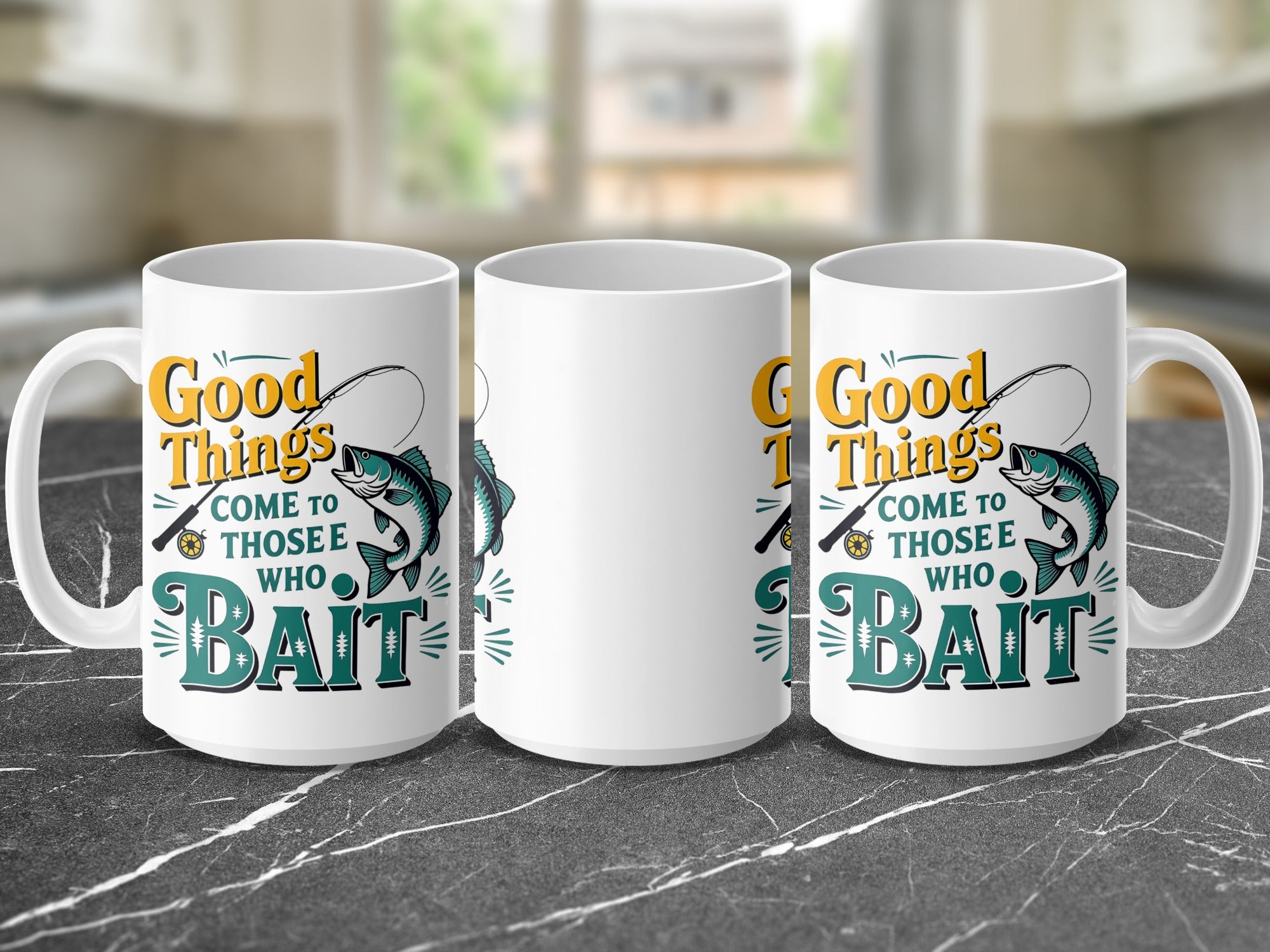 Three white mugs displaying "Good Things Come to Those Who Bait" fishing design.
