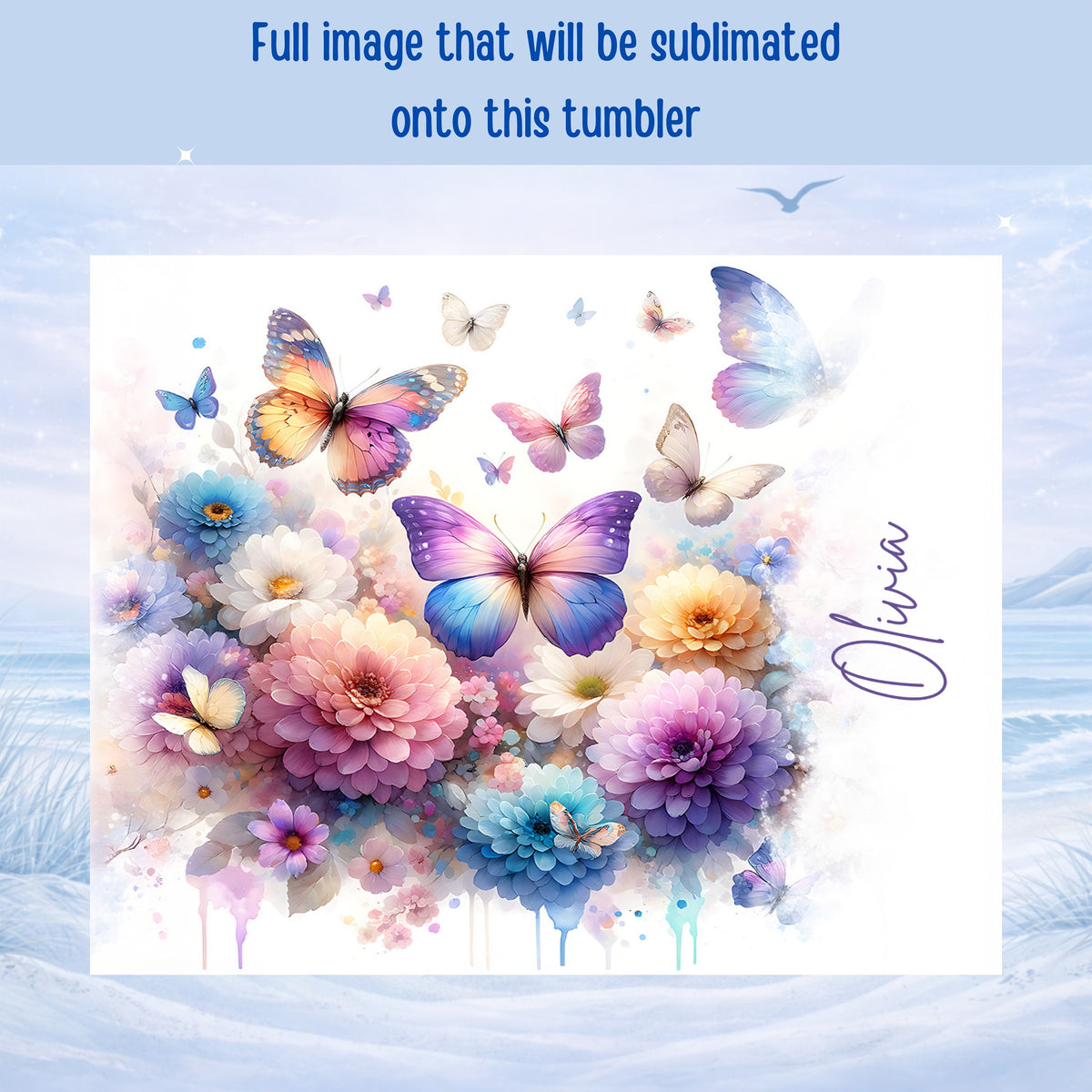 Floral design with butterflies, suitable for sublimation onto a tumbler.