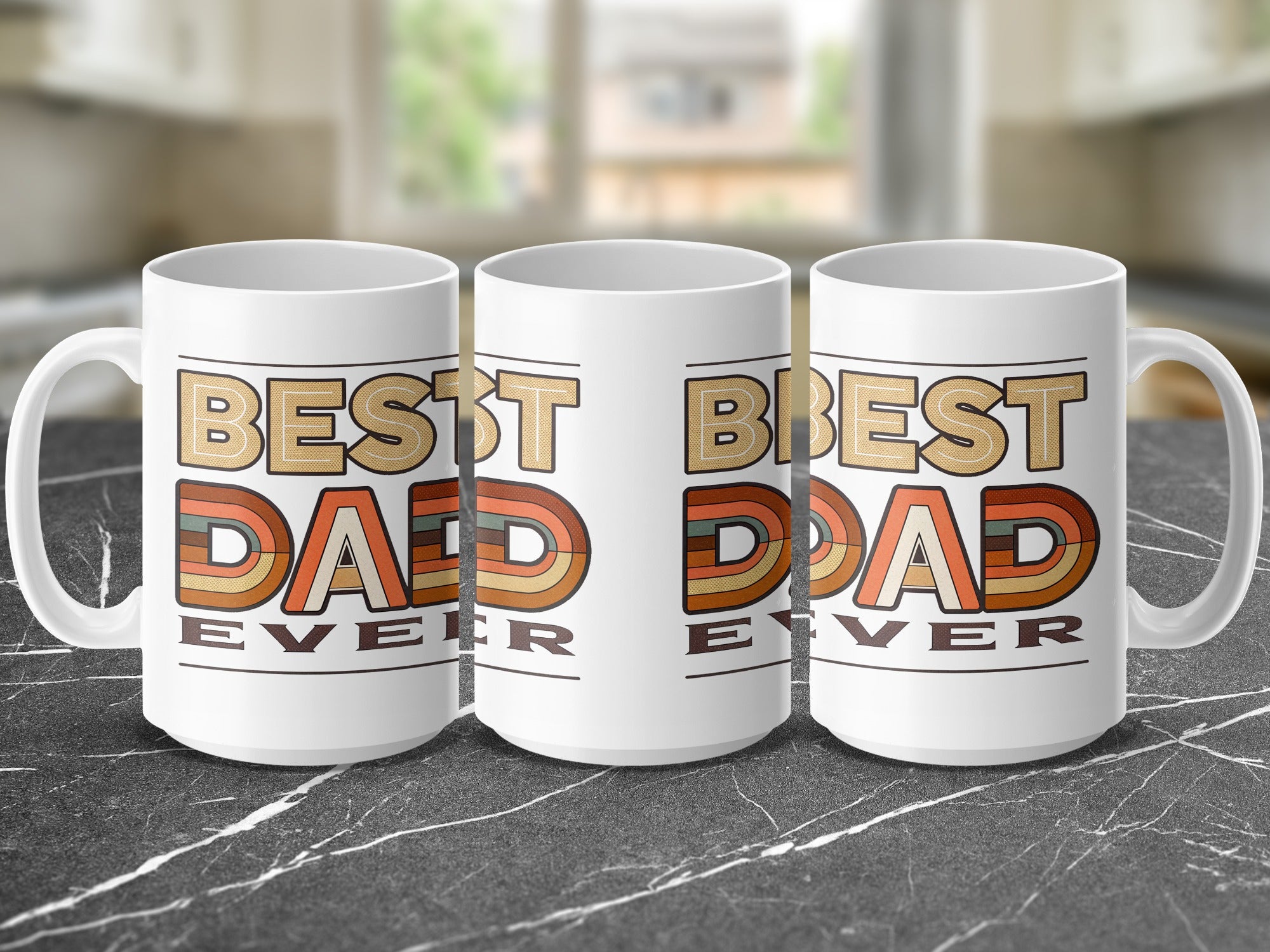 Three white mugs with "BEST DAD EVER" text in a retro font.
