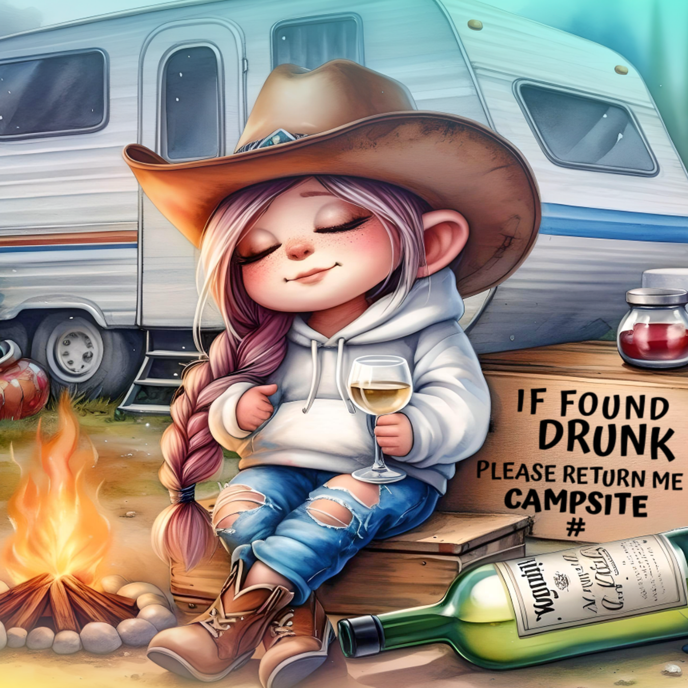 Girl in cowboy hat holds wine glass by campfire with camper and message.