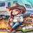 Girl in cowboy hat holds wine glass by campfire with camper and message.