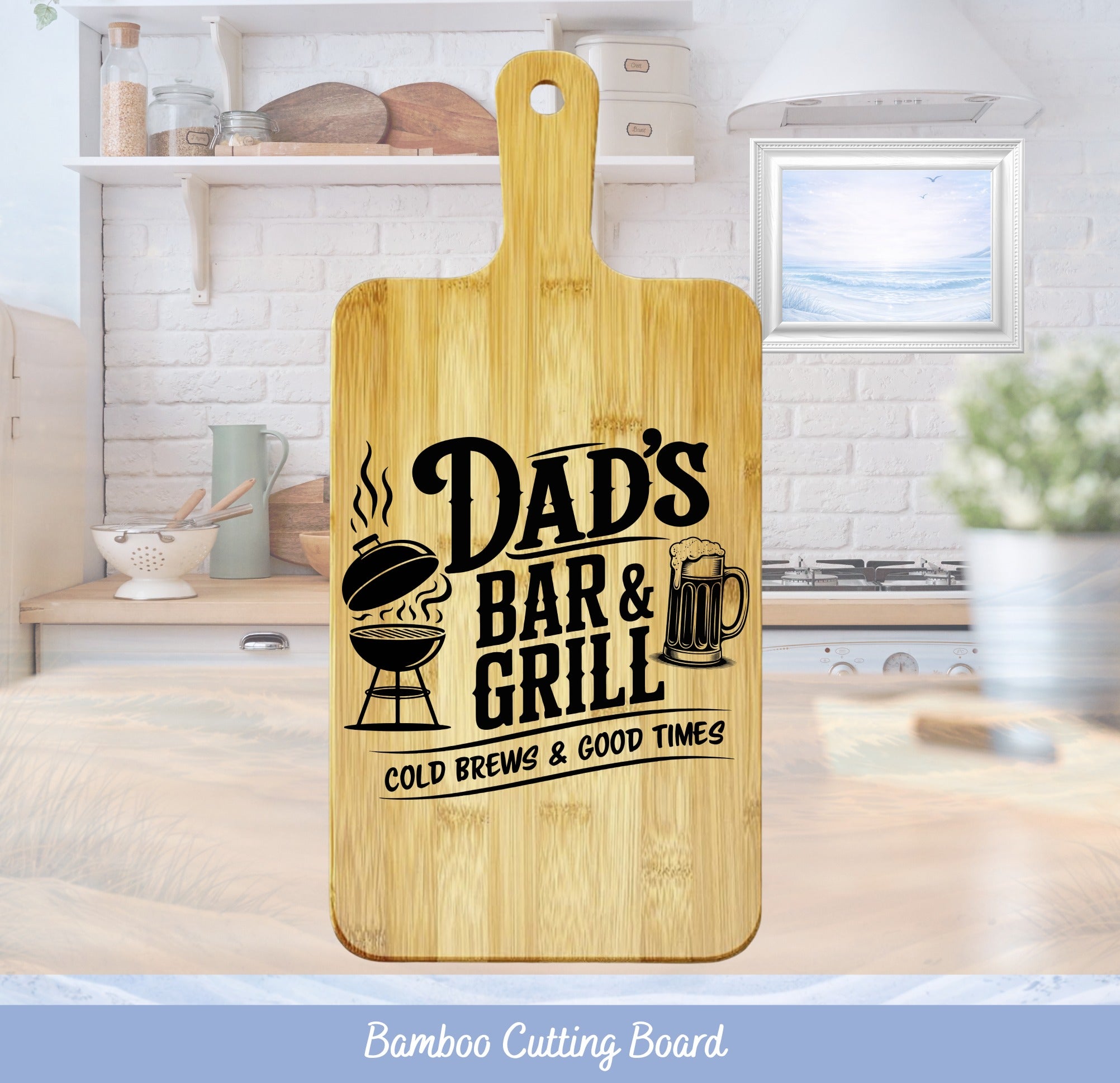 Bamboo cutting board with "Dad's Bar & Grill" text and BBQ graphic.