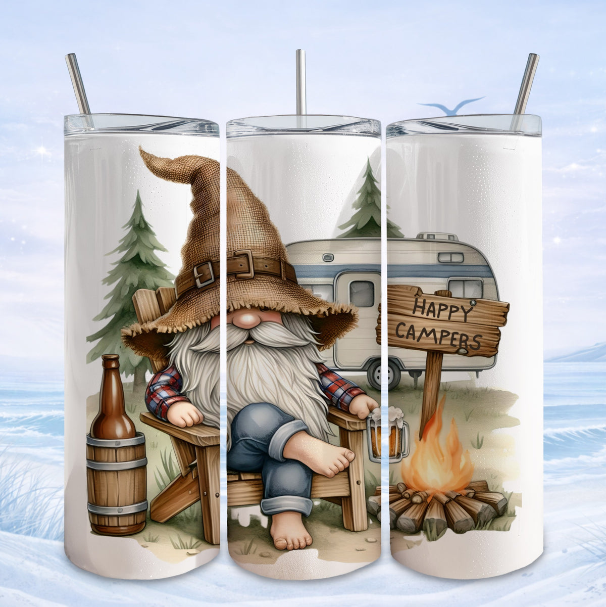 Gnome in a hat sits by campfire and camper, holding a drink.