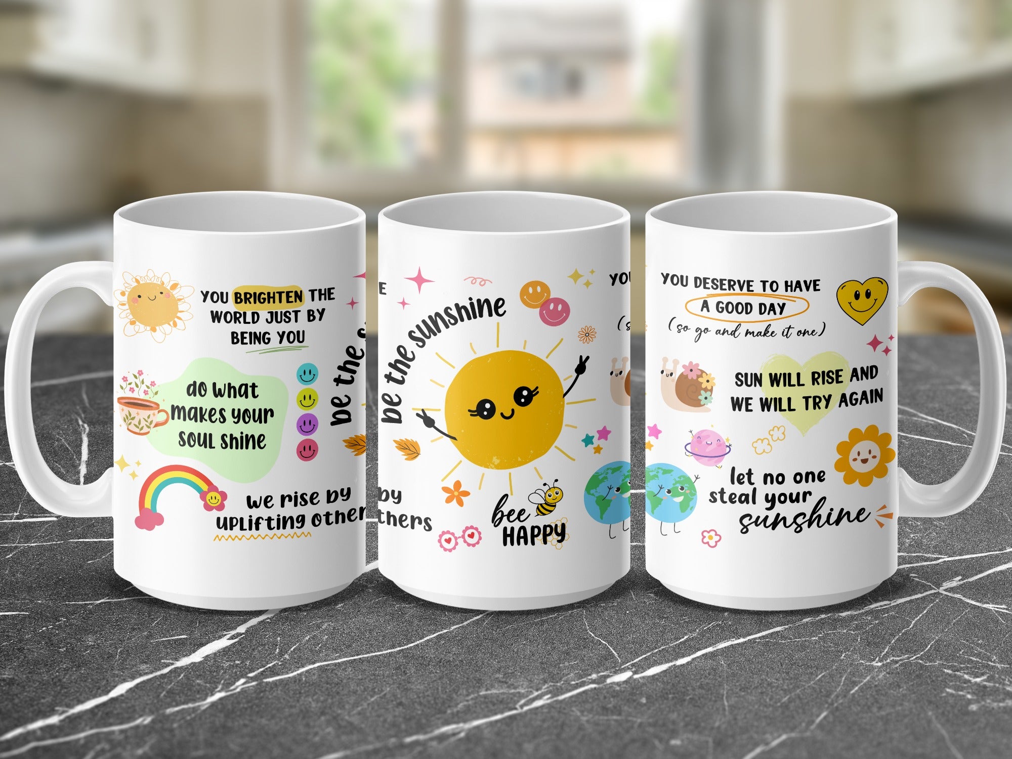 Mug with sunshine and motivational quotes: "Be the sunshine," "You brighten the world."