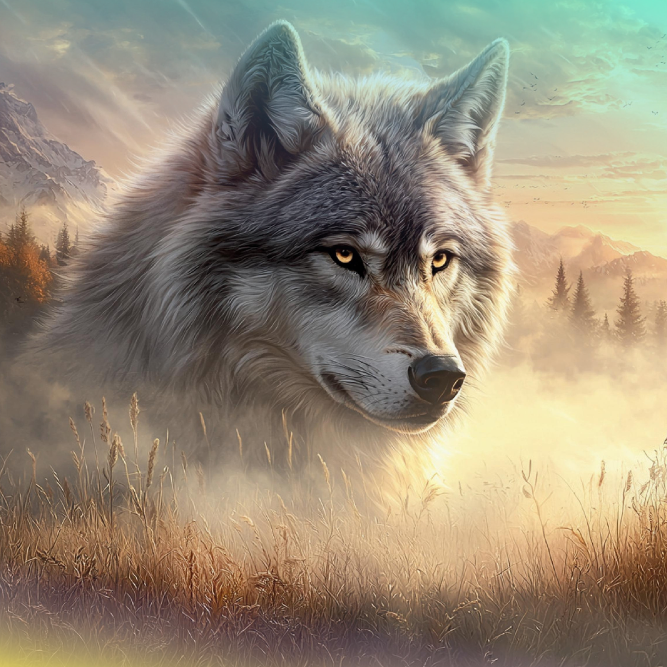 Close-up of a wolf's head in a misty, golden-lit landscape.