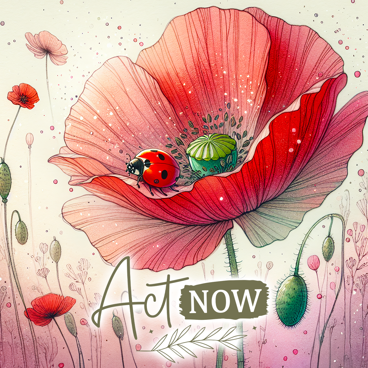 Red poppy with ladybug and "Act NOW" text.