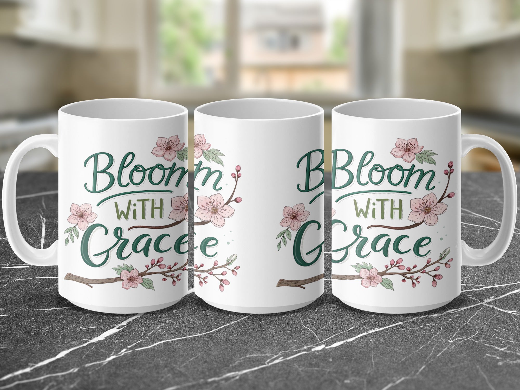 Mug with "Bloom with Grace" text and pink cherry blossoms.