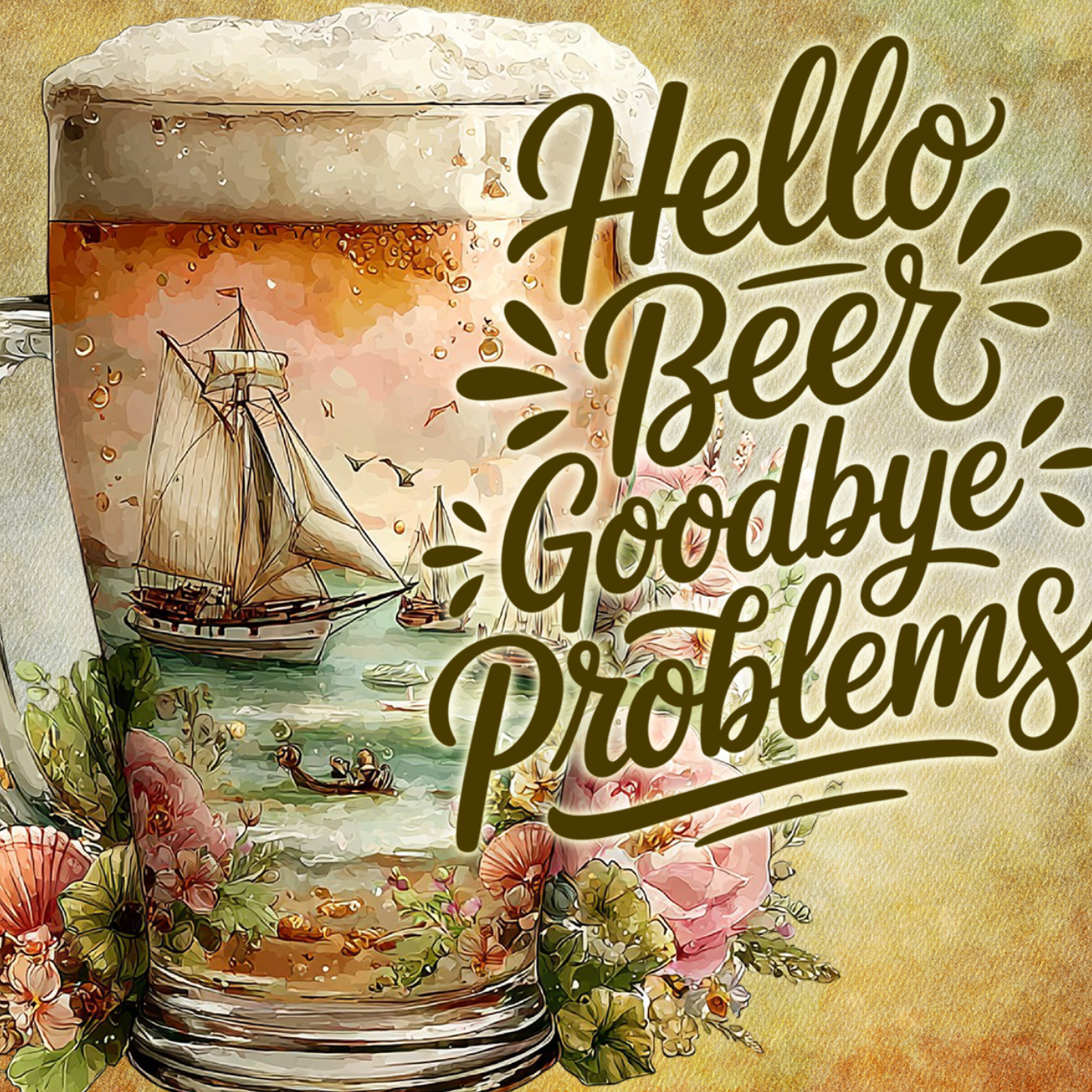 Mug of beer with sailing ships and flowers, text "Hello Beer Goodbye Problems".