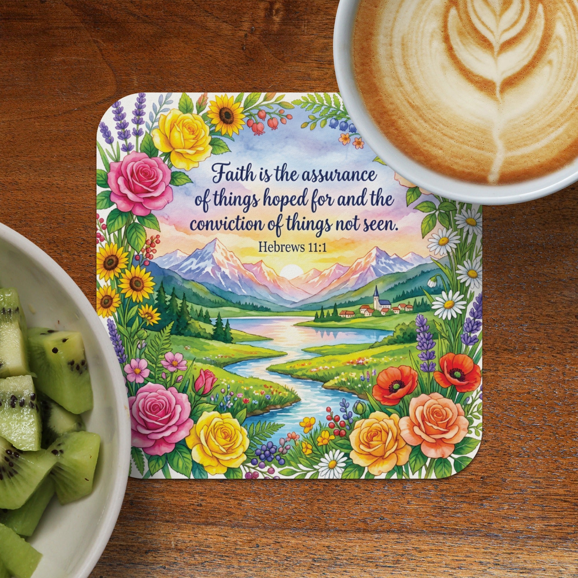 Floral border surrounding landscape with Bible verse Hebrews 11:1.