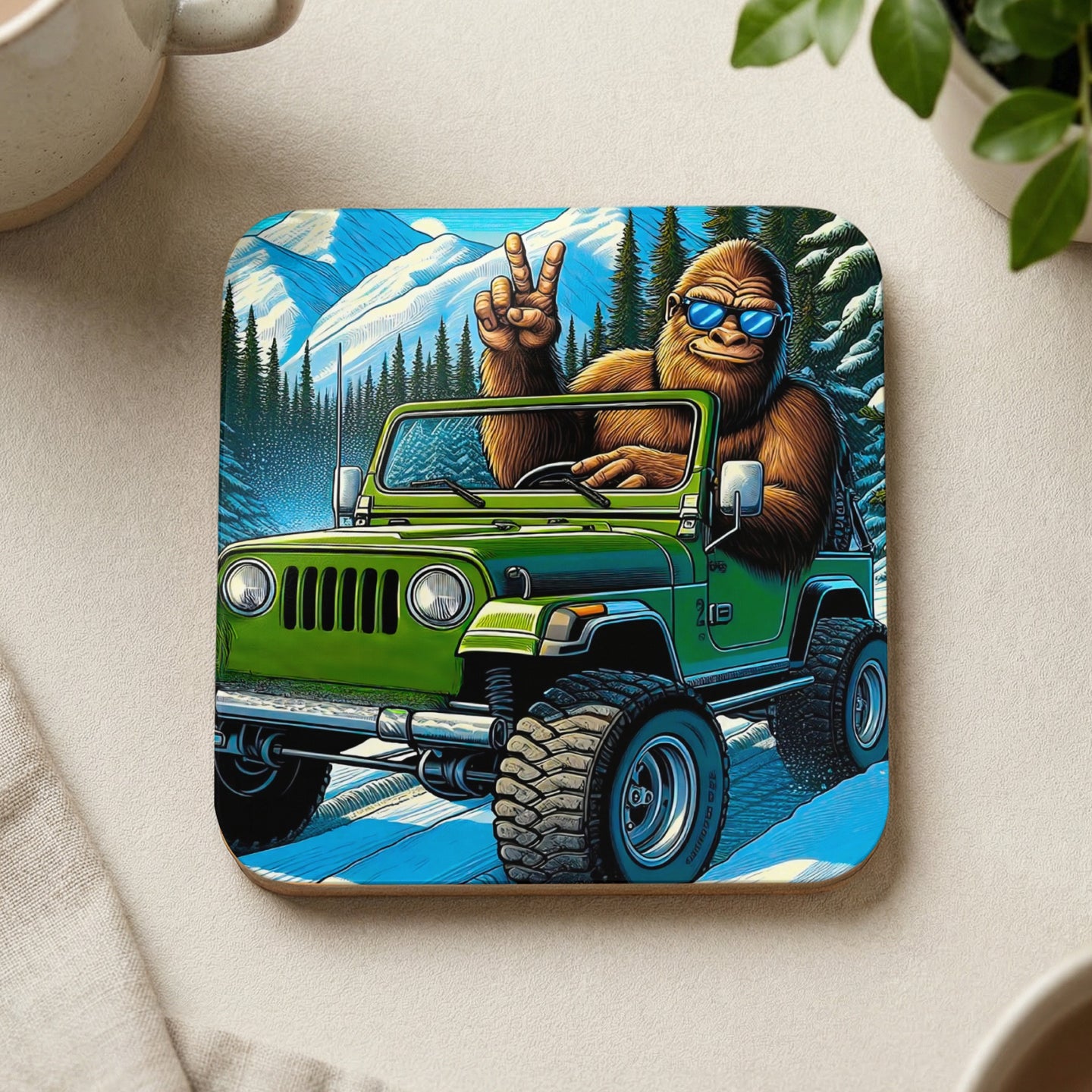 Bigfoot in sunglasses driving a green Jeep with mountains in the background.