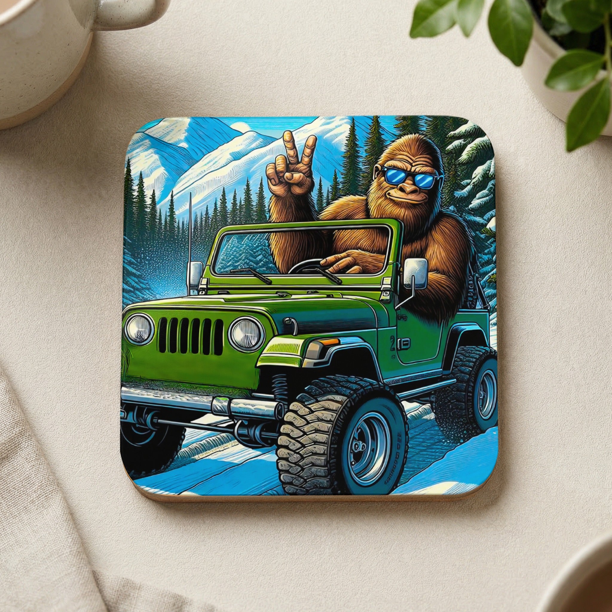 Bigfoot in sunglasses driving a green Jeep with mountains in the background.