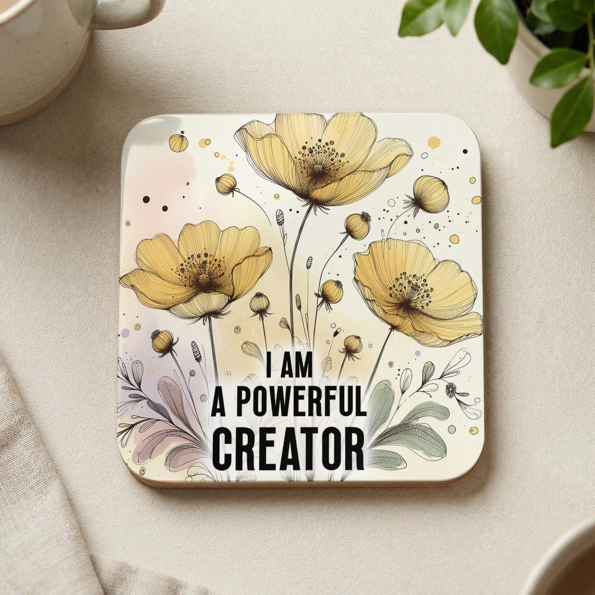 Coaster with yellow flowers and text "I AM A POWERFUL CREATOR".