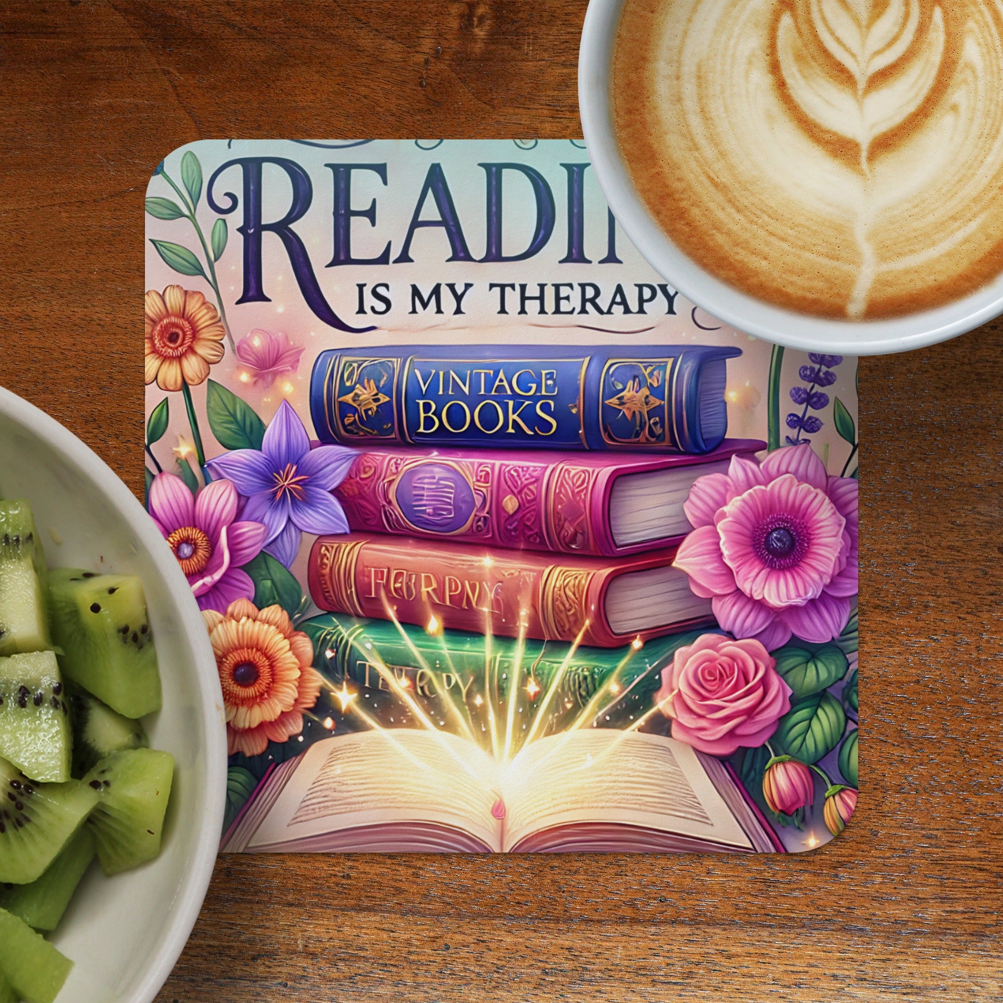 Stack of vintage books on an open book with floral accents and text.