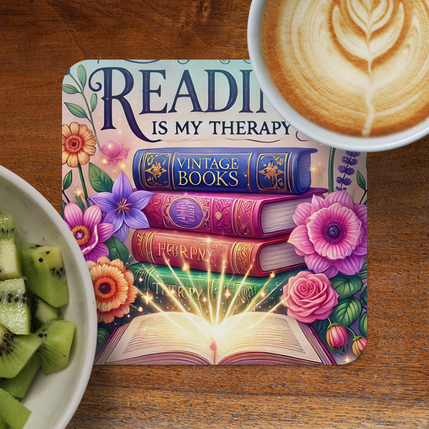 Stack of vintage books on an open book with floral accents and text.