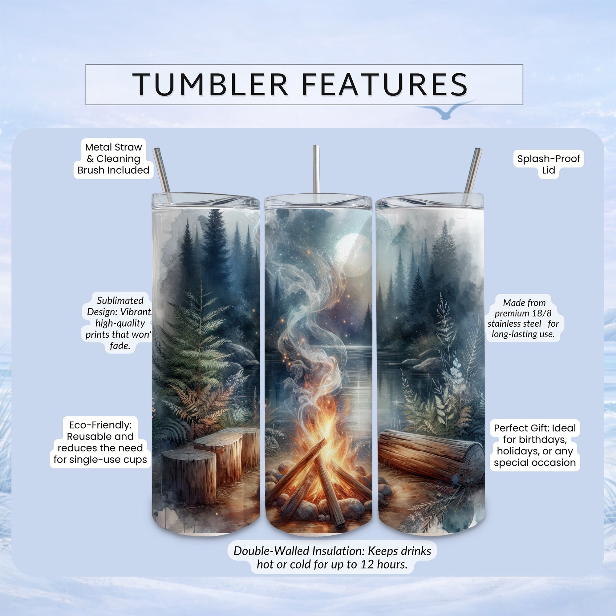 Tumbler with nature scene, metal straw, brush, and features listed.