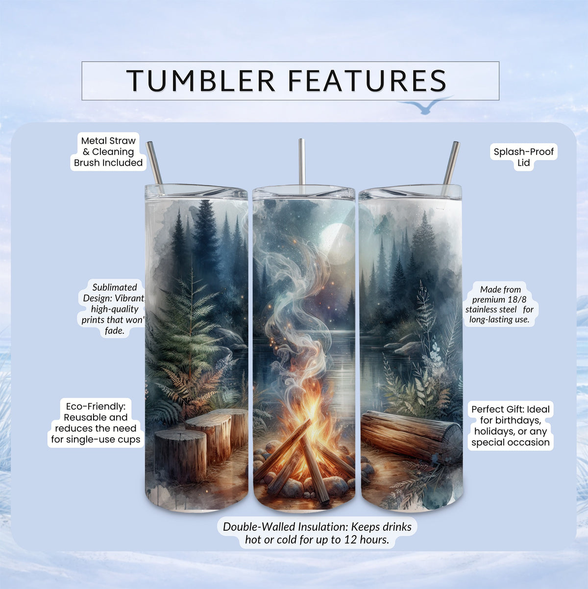 Tumbler with nature scene, metal straw, brush, and features listed.
