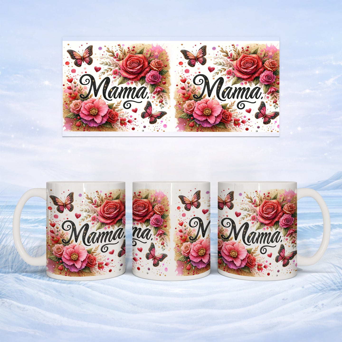 Mugs with "Mama" text, red roses, and butterflies against a blue sky background.