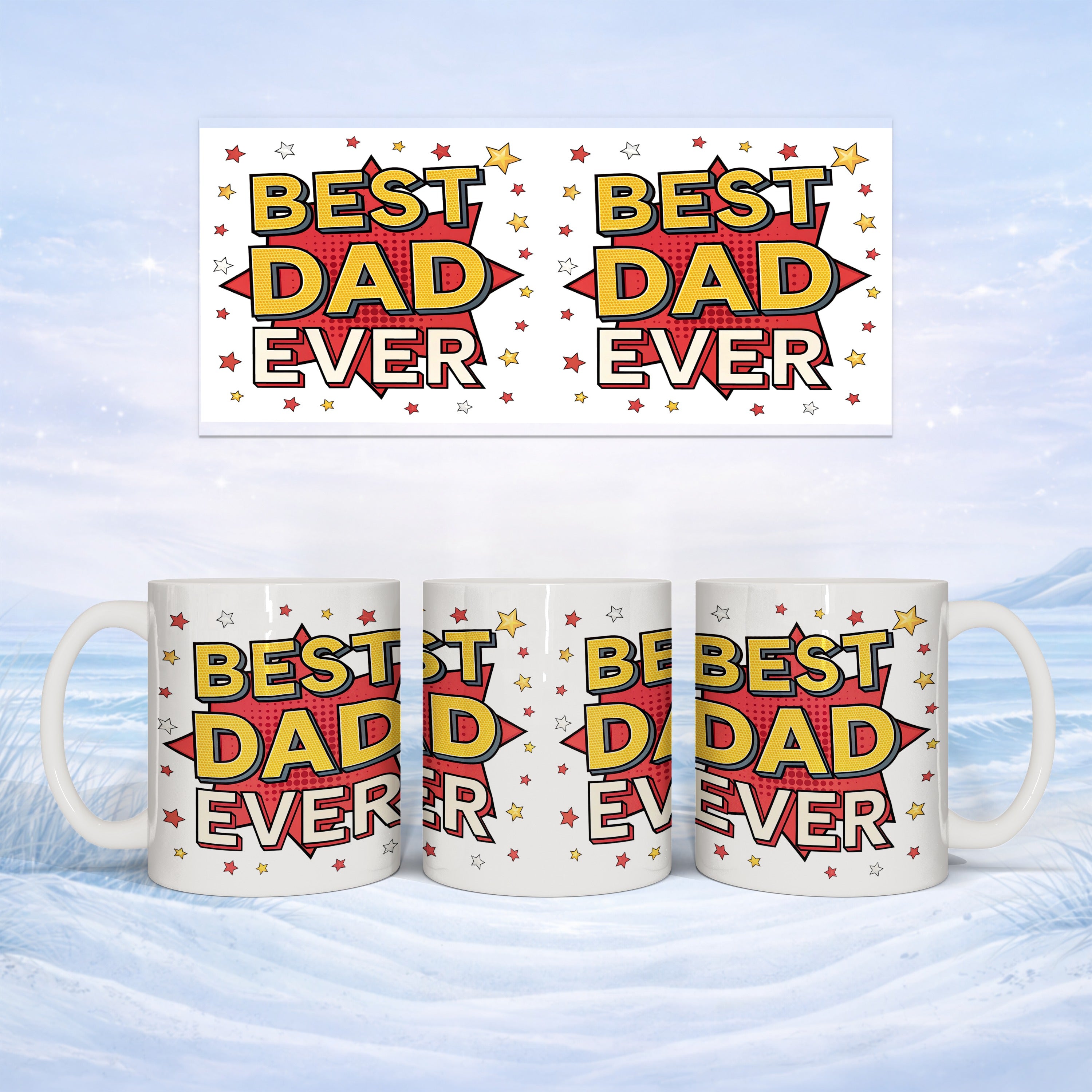 Three white mugs with "Best Dad Ever" text and starburst graphic.