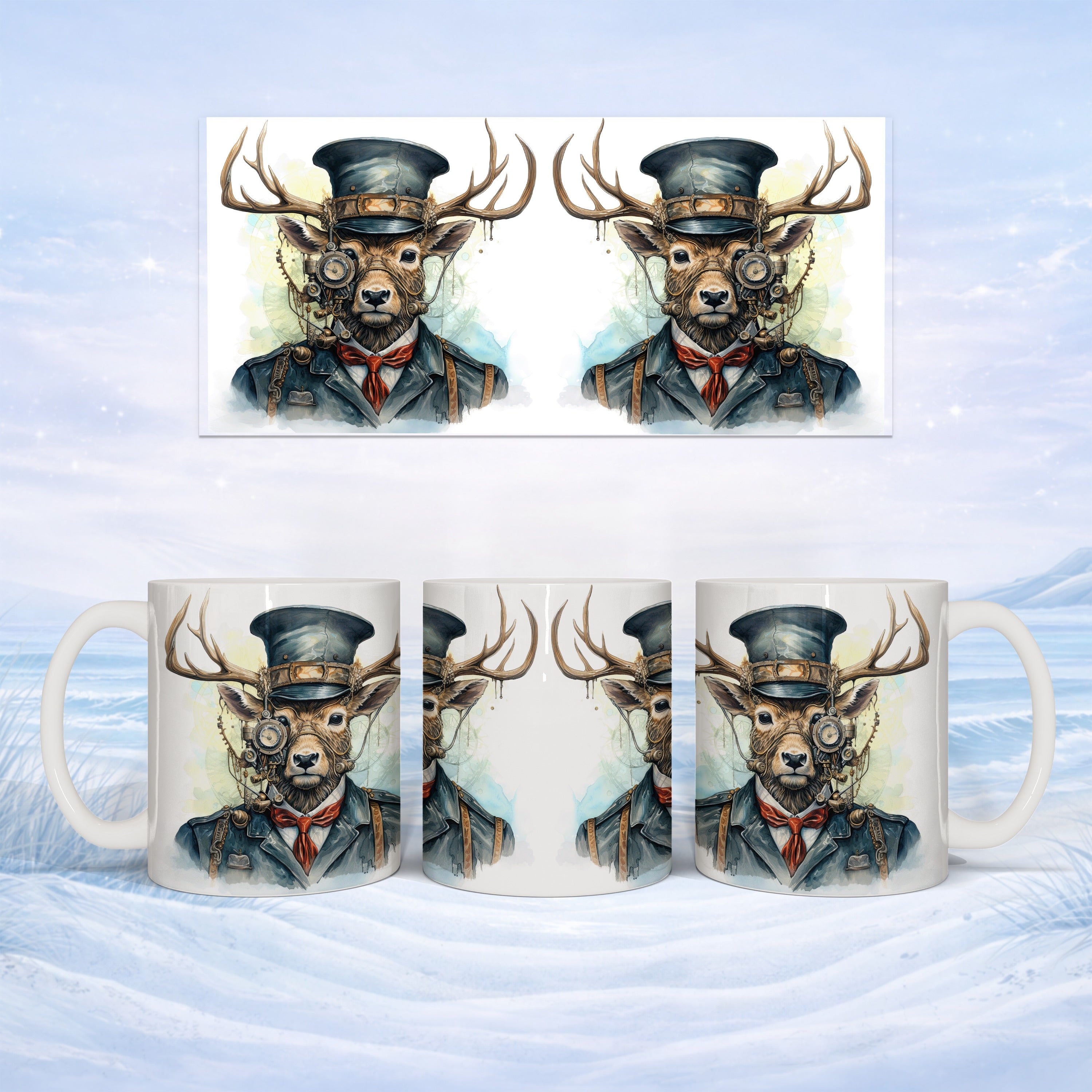 Steampunk deer head in hat and goggles, displayed on a mug.