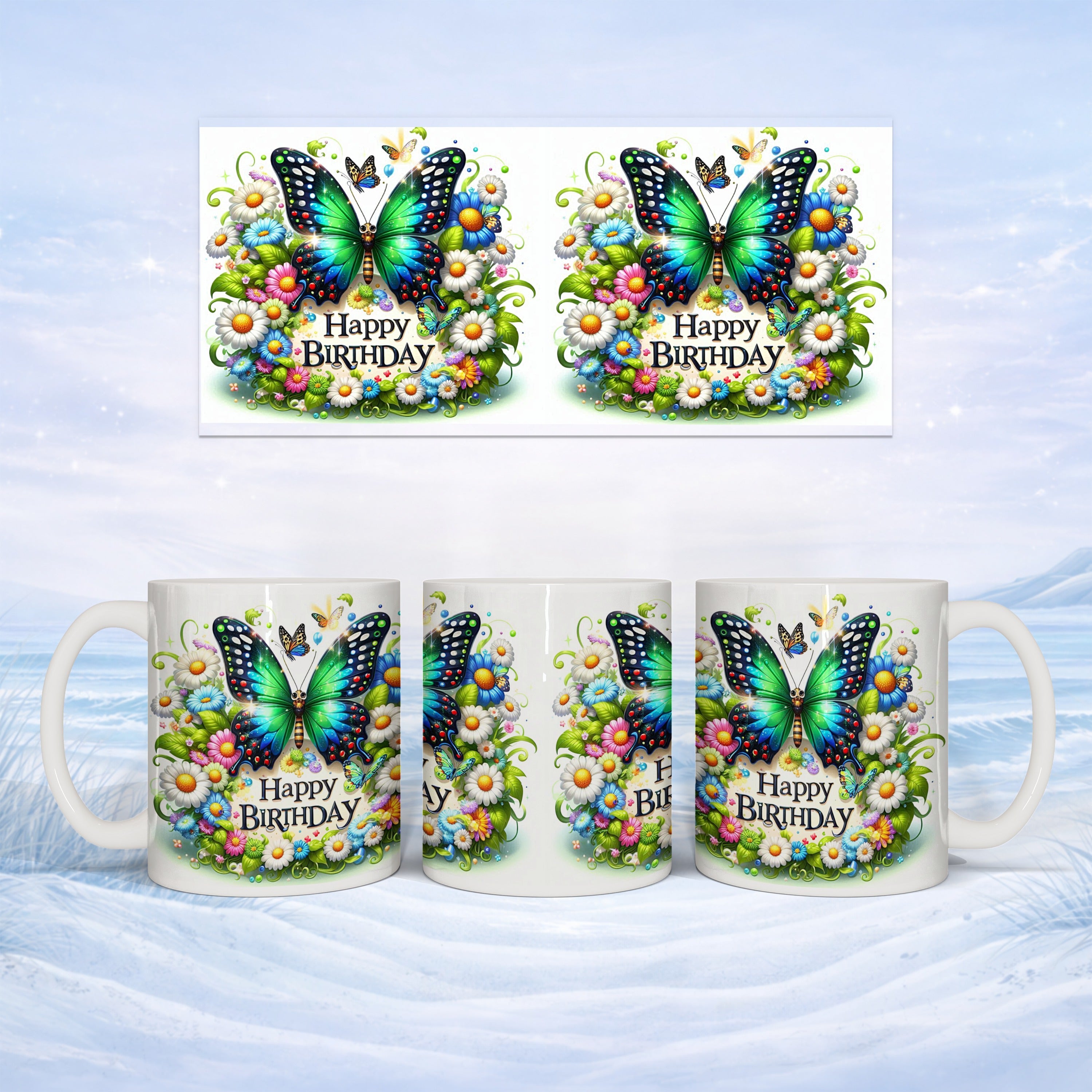 Birthday mug with butterflies and flowers, displaying "Happy Birthday" text.