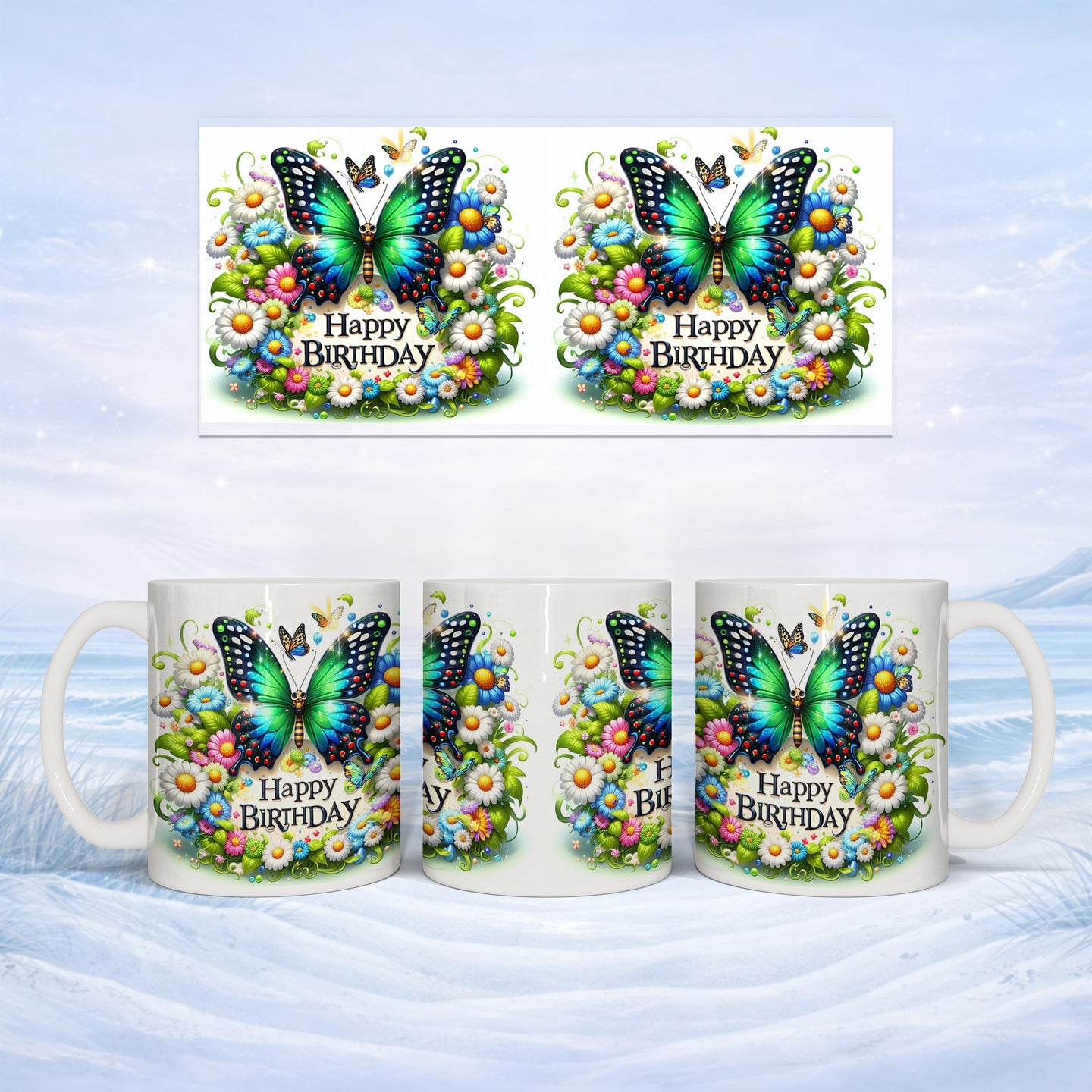 Birthday mug with butterflies and flowers, displaying "Happy Birthday" text.
