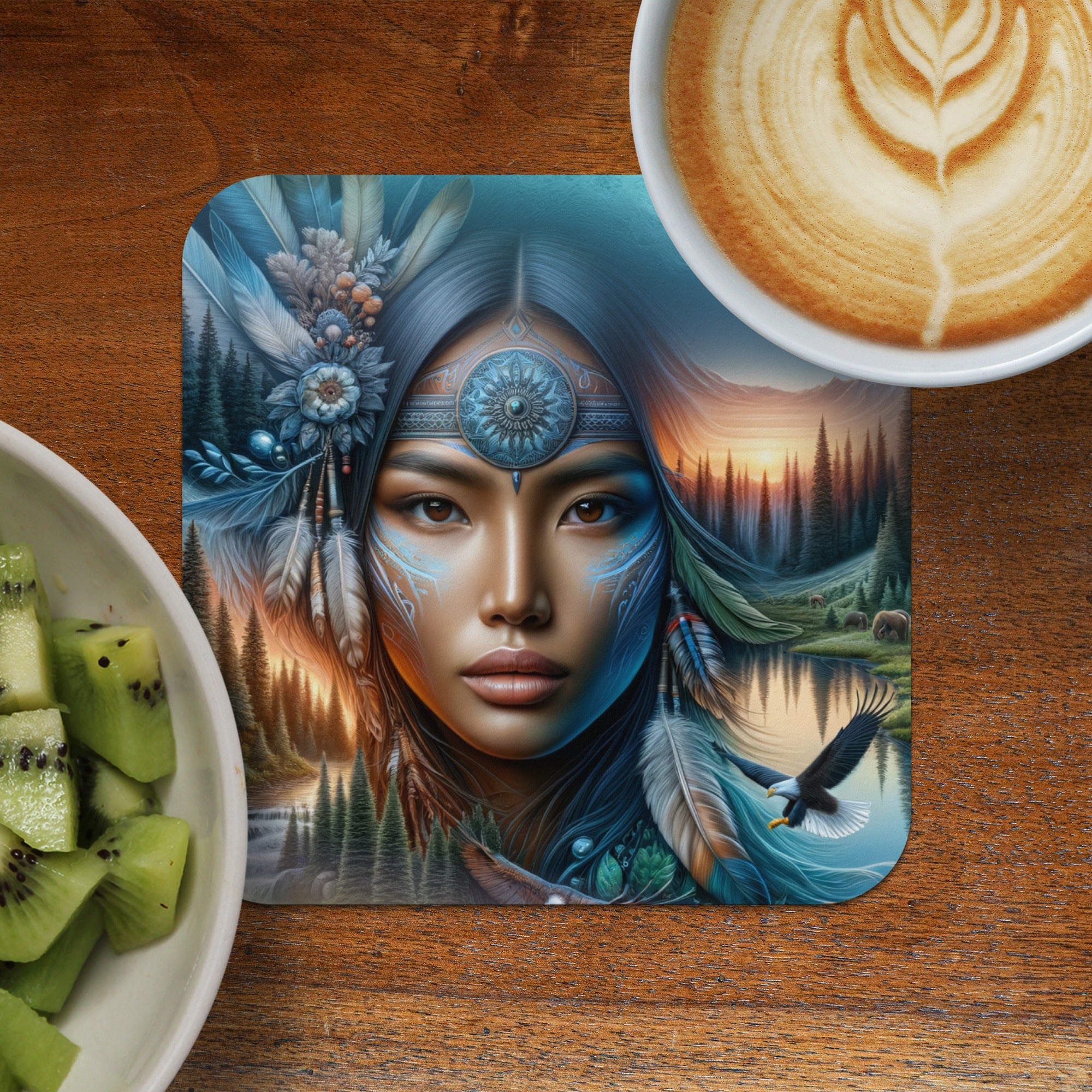 Coaster with Native American woman art, eagle, and forest scene.