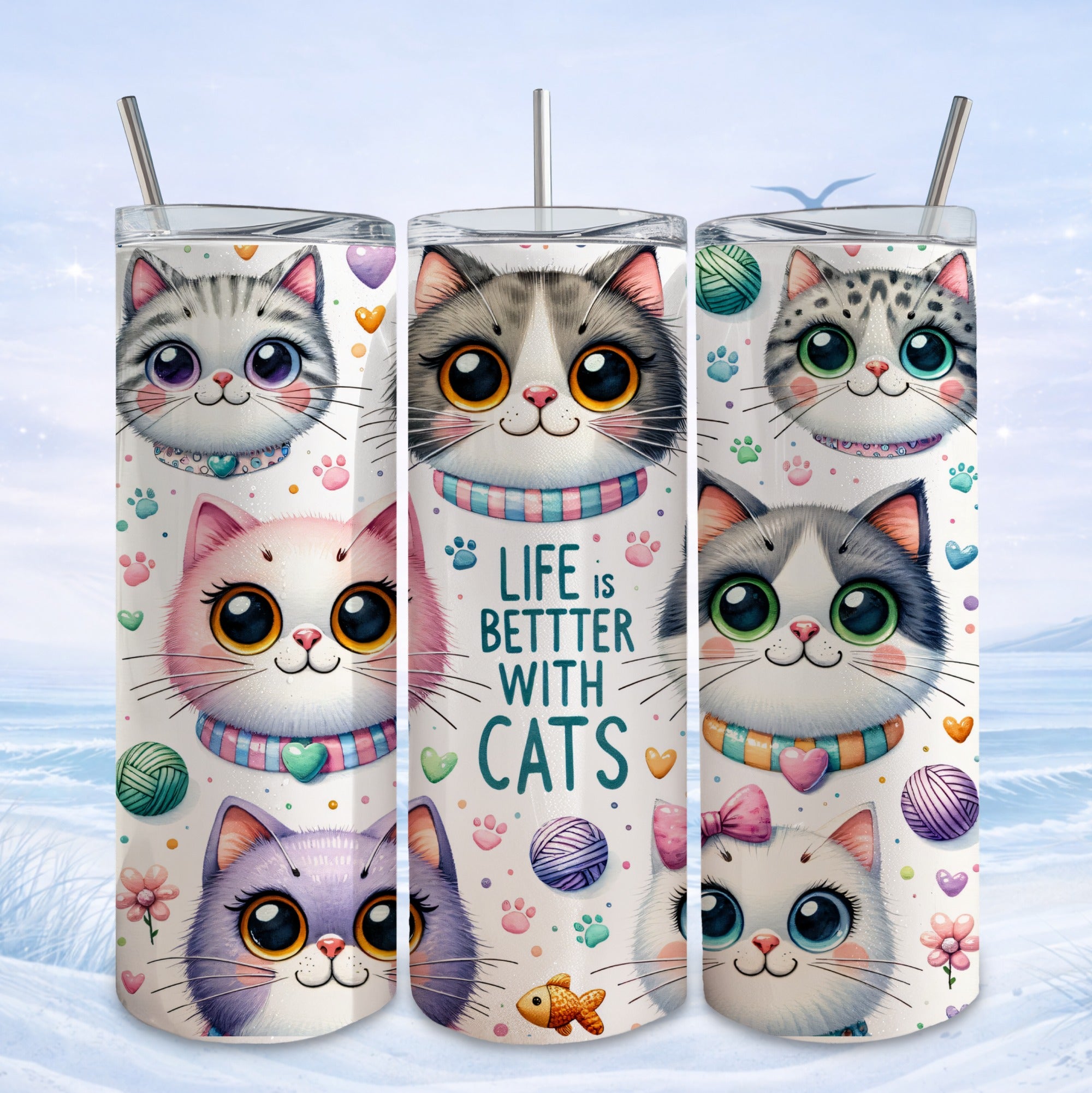 Three tumblers featuring cute cartoon cats and text "Life is better with cats."