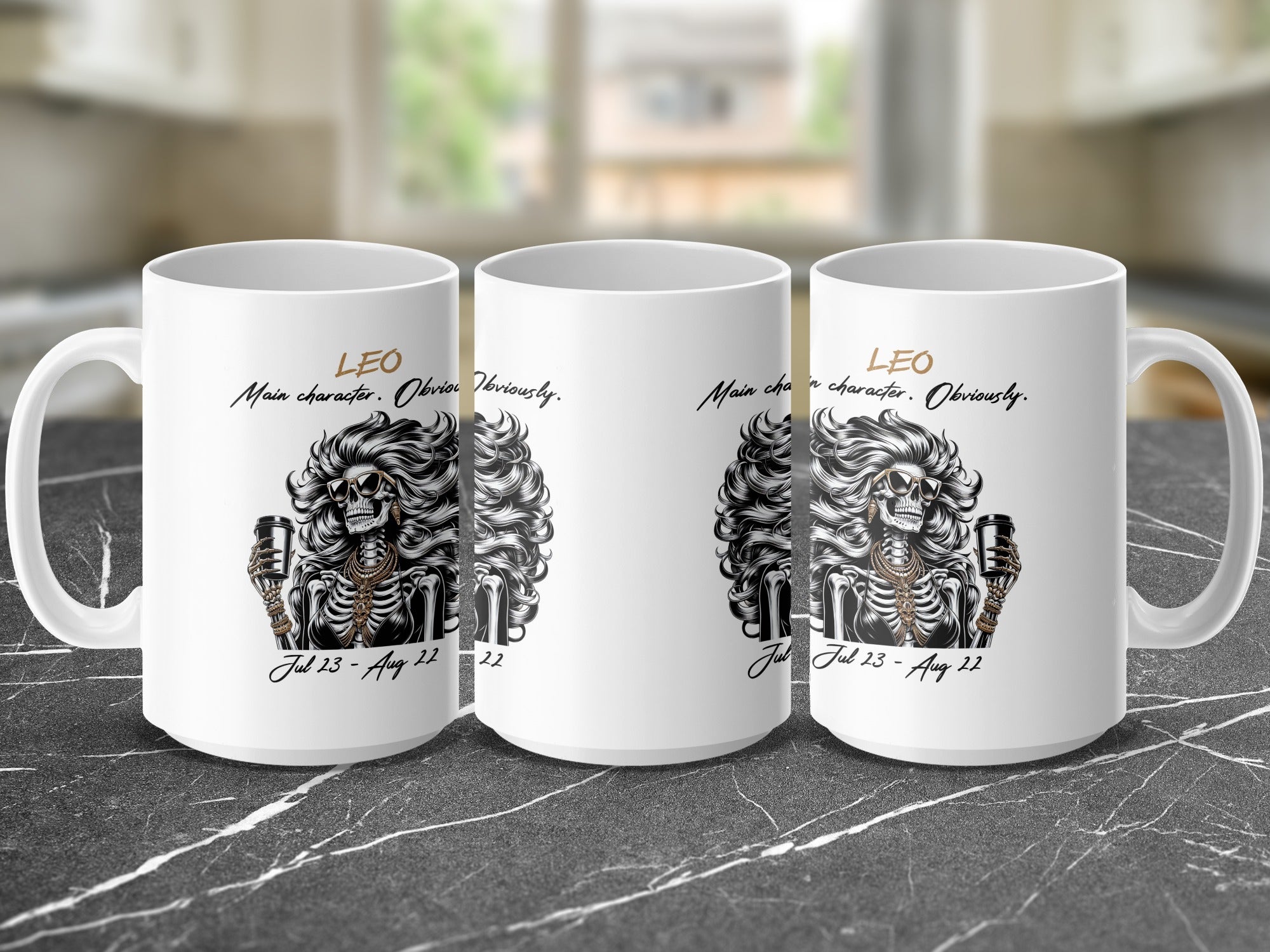 White mug with LEO zodiac design, skull, and July 23-Aug 22 text.