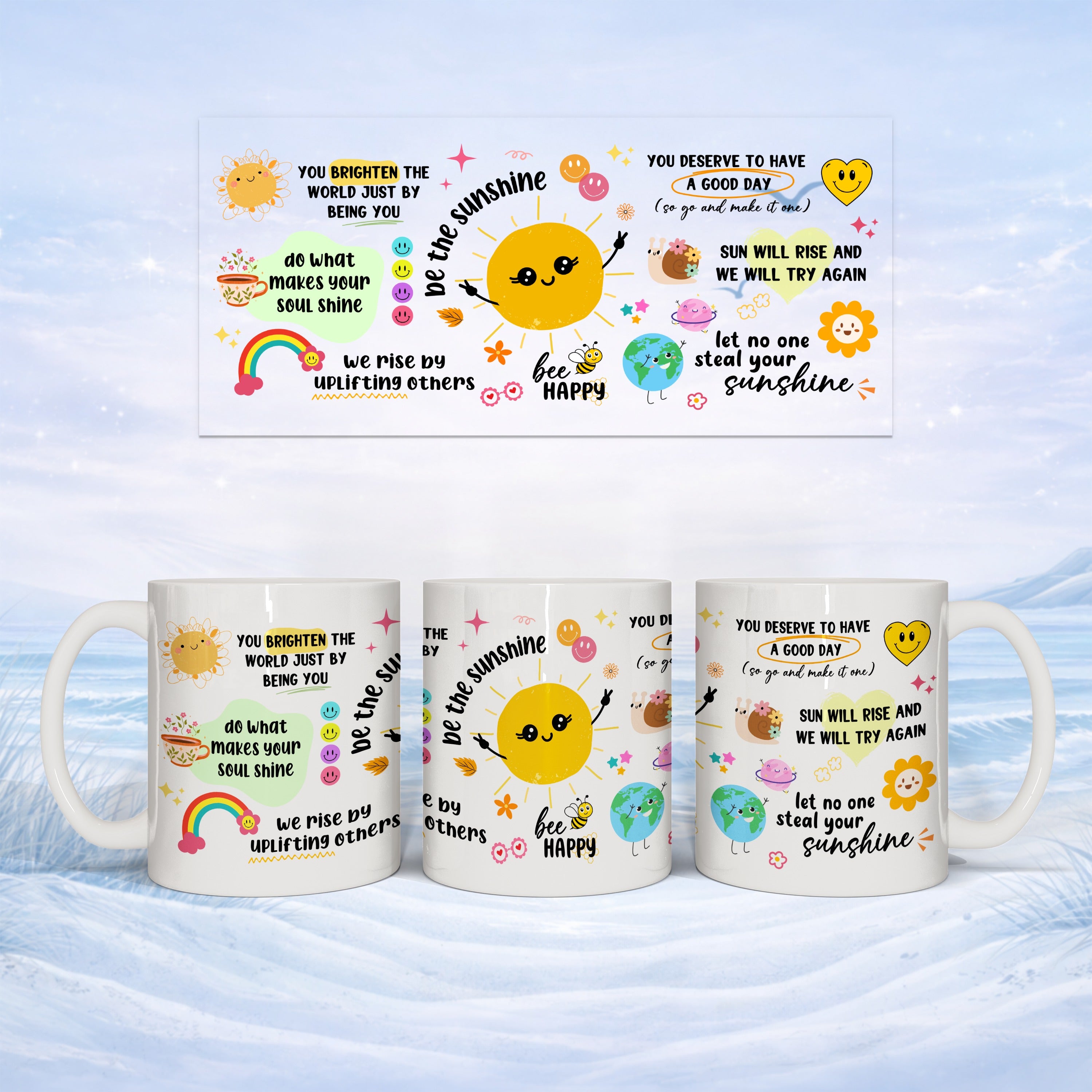 Three mugs with a "bee happy" sunshine design and uplifting quotes.