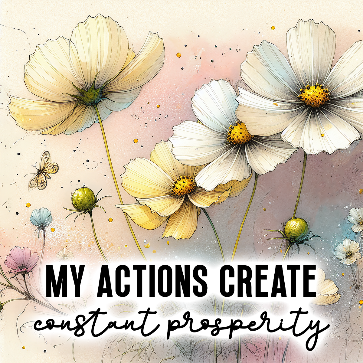 Cosmos flowers with text "MY ACTIONS CREATE constant prosperity".