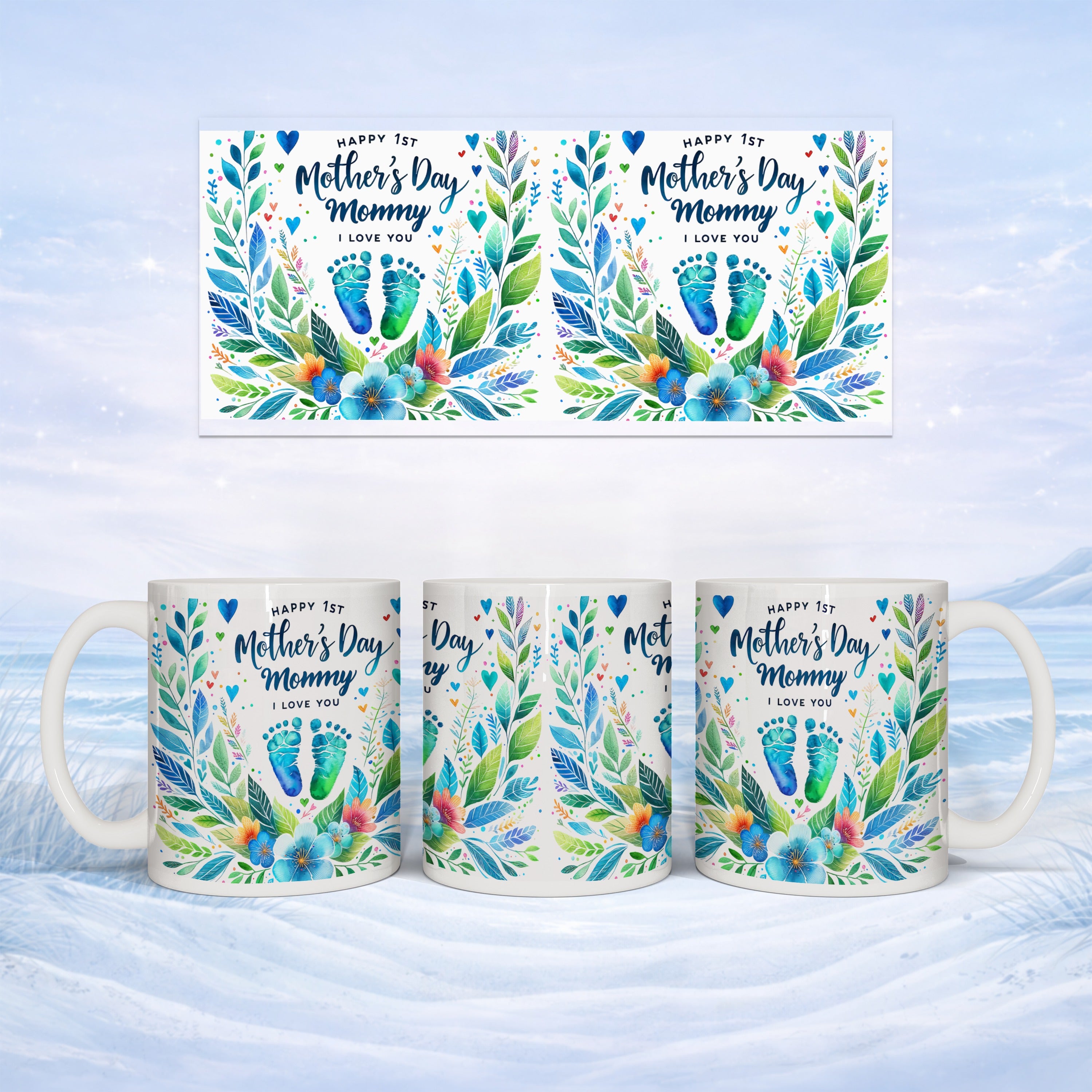 Mugs with "Happy 1st Mother's Day Mommy I Love You" and floral footprint design.