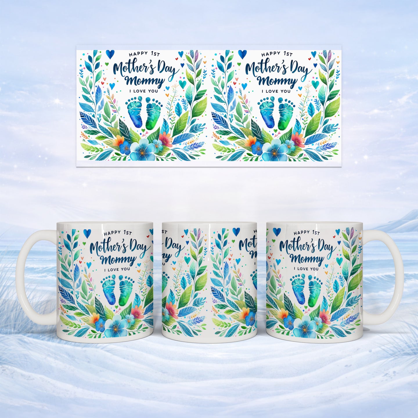 Mugs with "Happy 1st Mother's Day Mommy I Love You" and floral footprint design.
