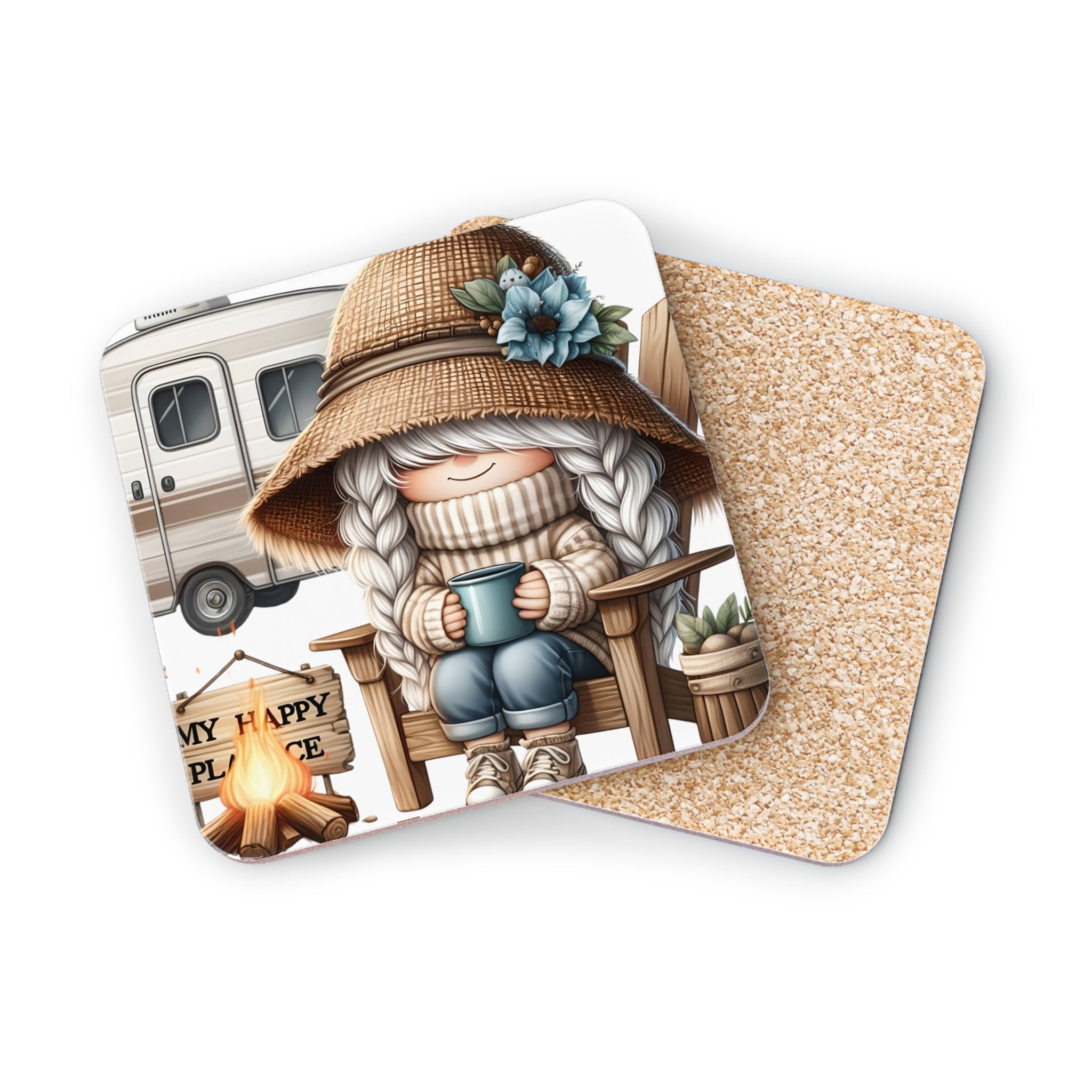 Coaster with gnome in rocking chair and camper.
