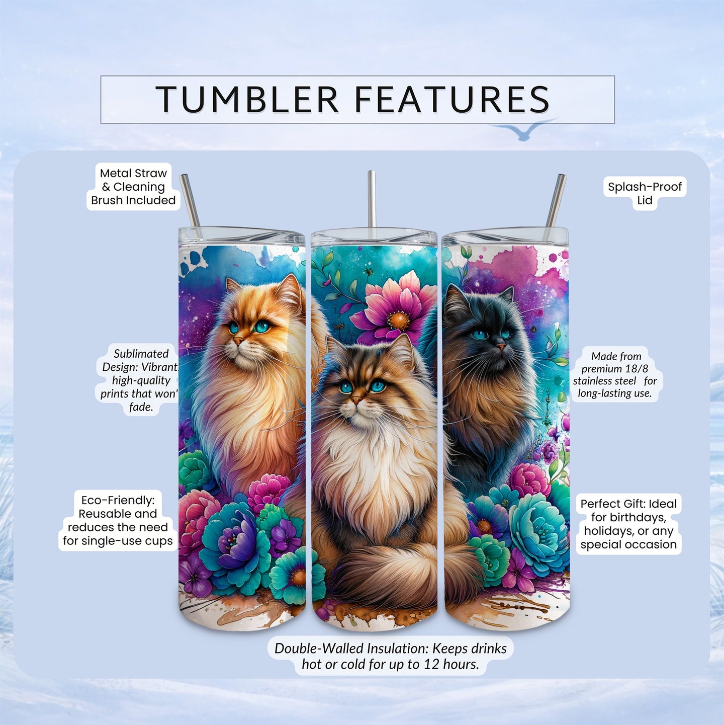 Tumbler with cat art and features listed: metal straw, eco-friendly, insulated.