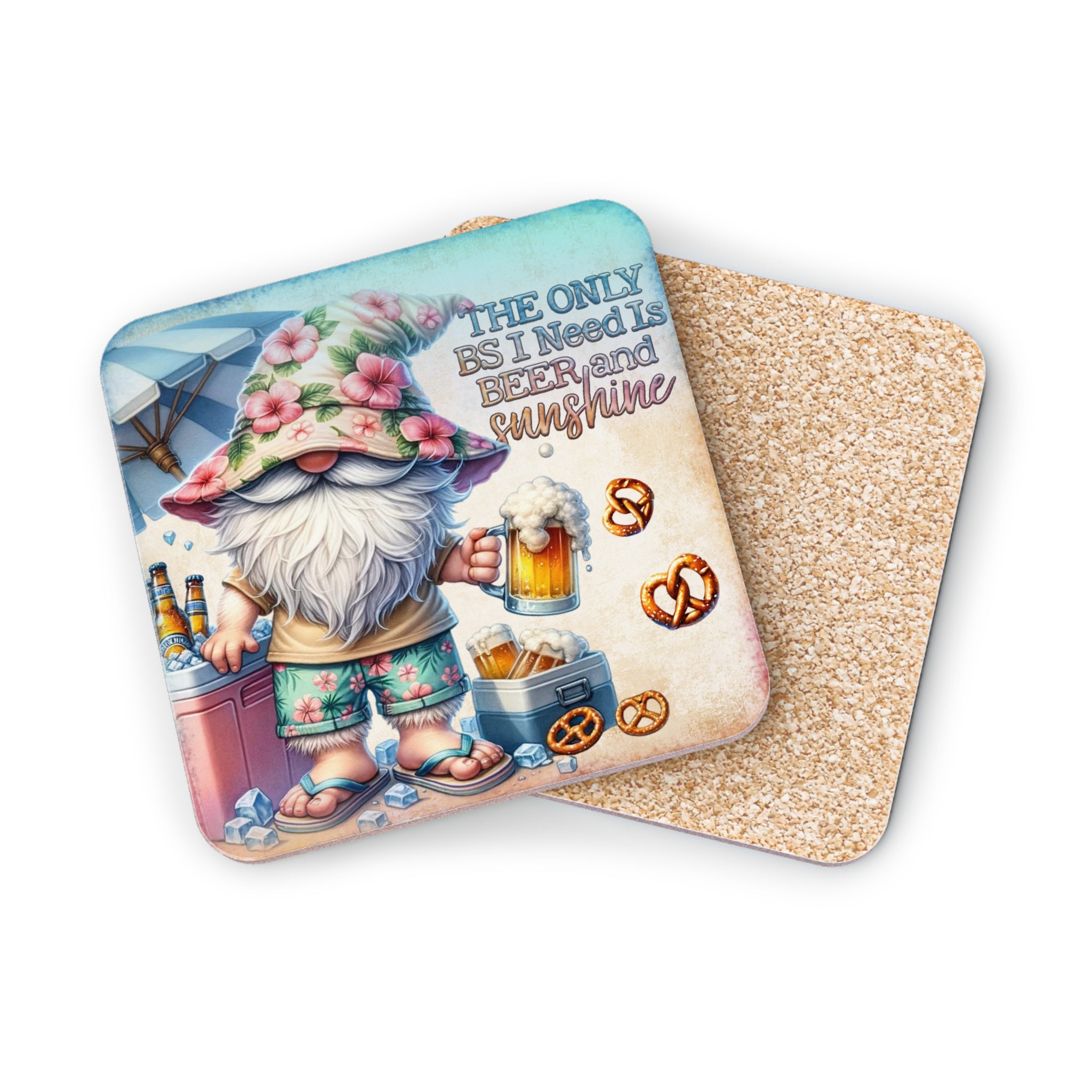 Gnome with beer and pretzels, text: The only BS I need is beer and sunshine.