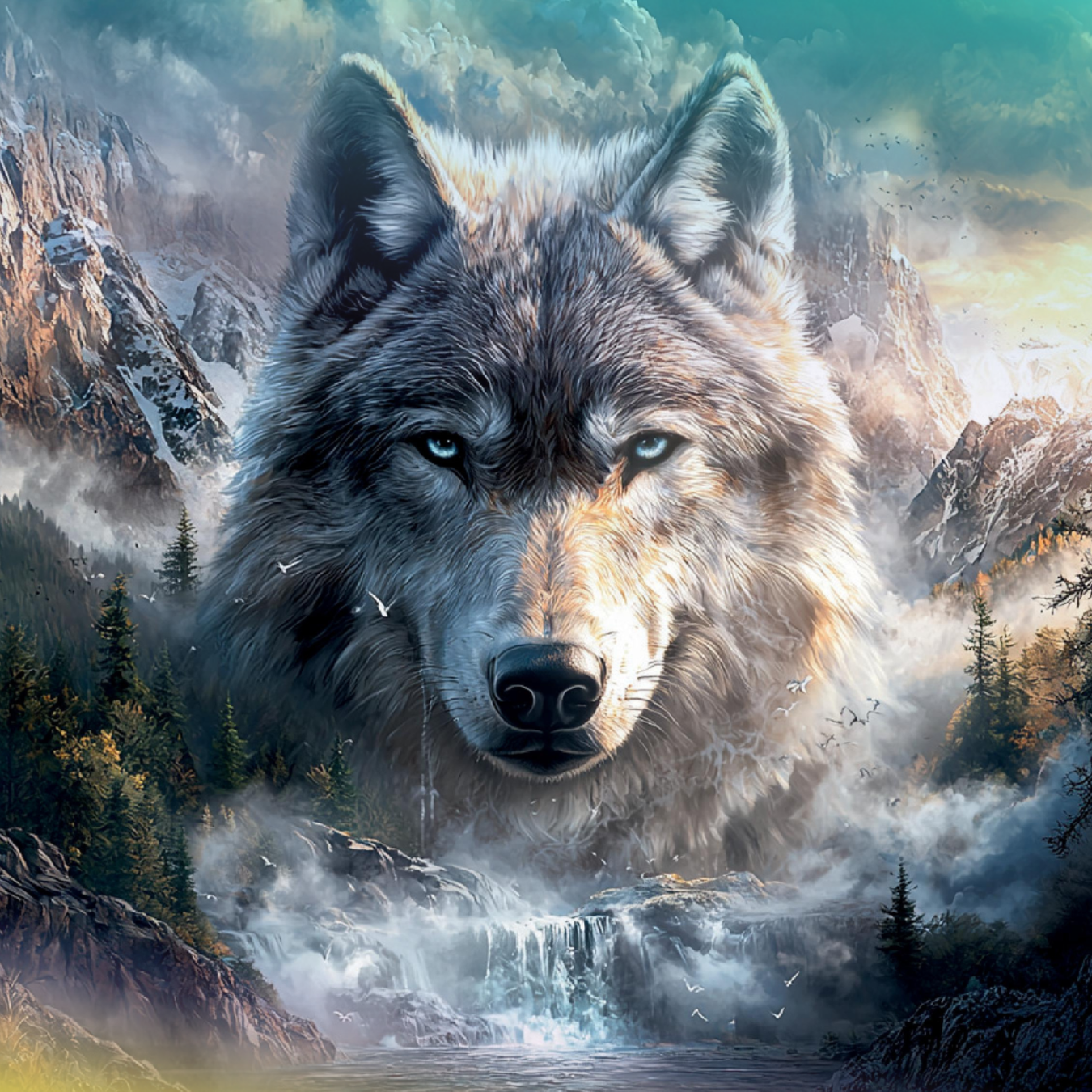 Large wolf face with piercing blue eyes, set against a misty mountain waterfall landscape.
