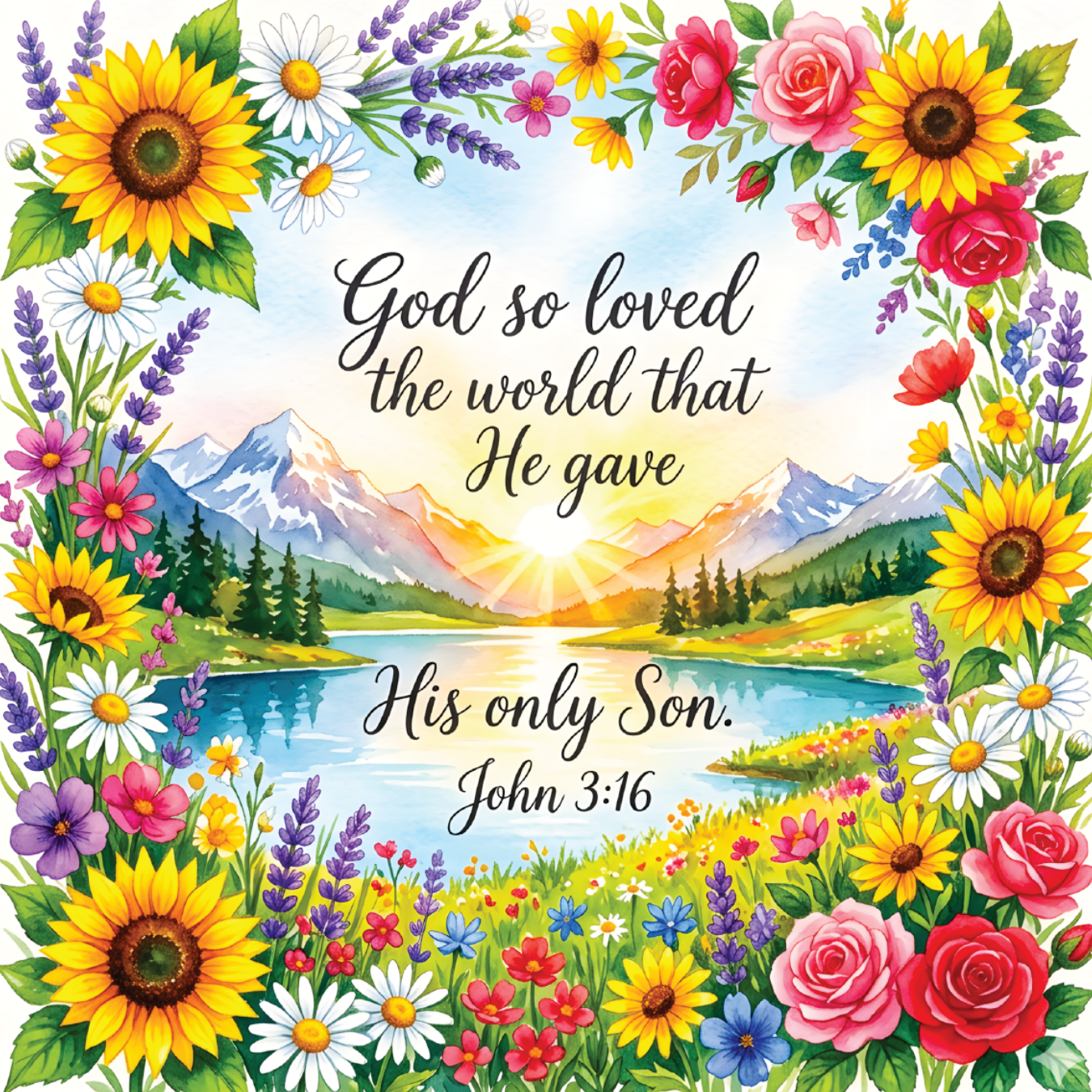 Floral frame surrounds landscape with sunset and text "God so loved the world that He gave His only Son. John 3:16".