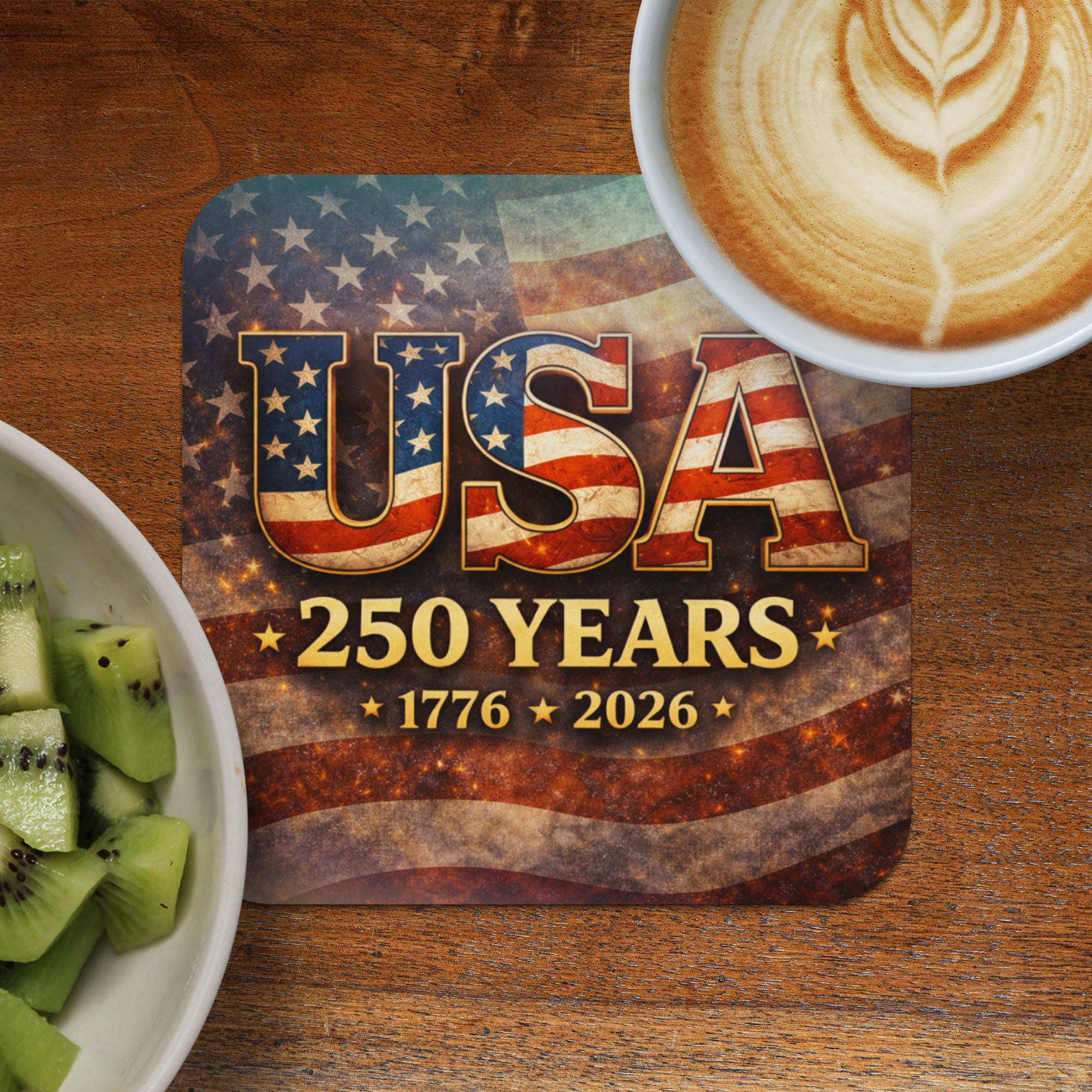 USA 250 Years 1776-2026 coaster with latte and kiwi.