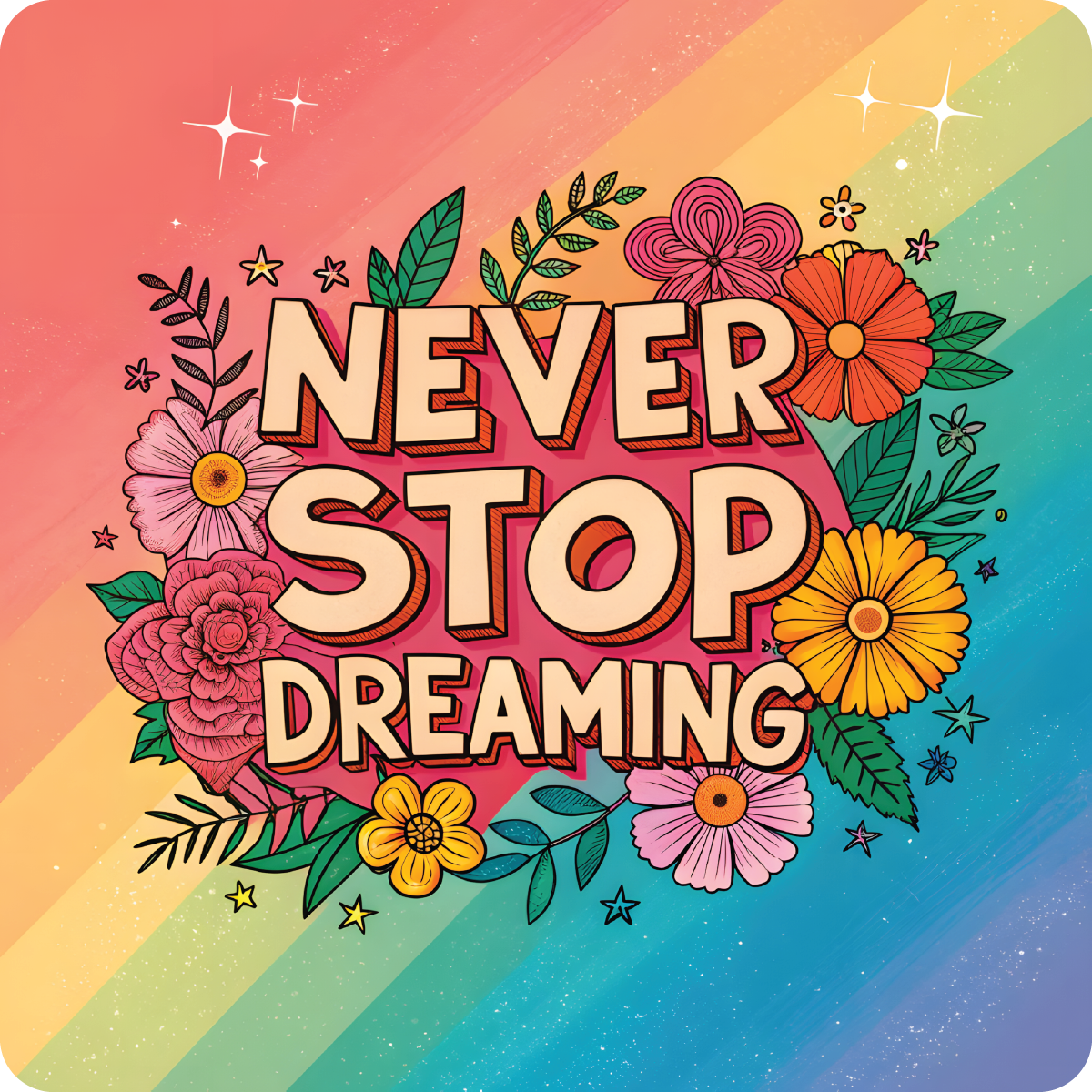 Colorful rainbow background with "Never Stop Dreaming" text and floral illustrations.