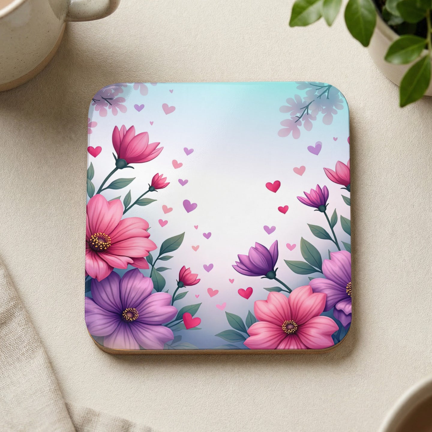 Square coaster with pink and purple flowers and hearts against a soft, blurred background.