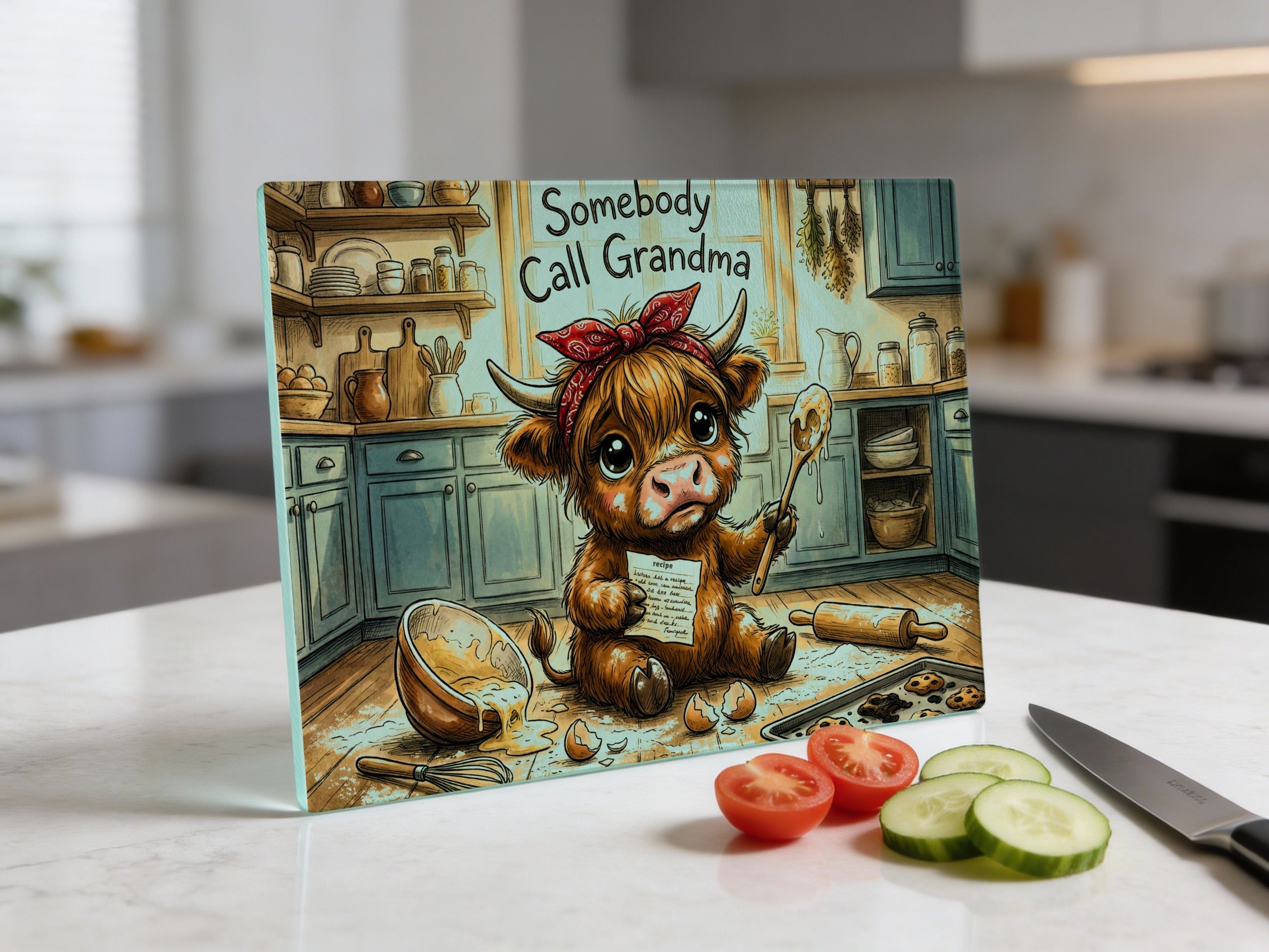 Cute cartoon cow with text "Somebody Call Grandma" on a cutting board.