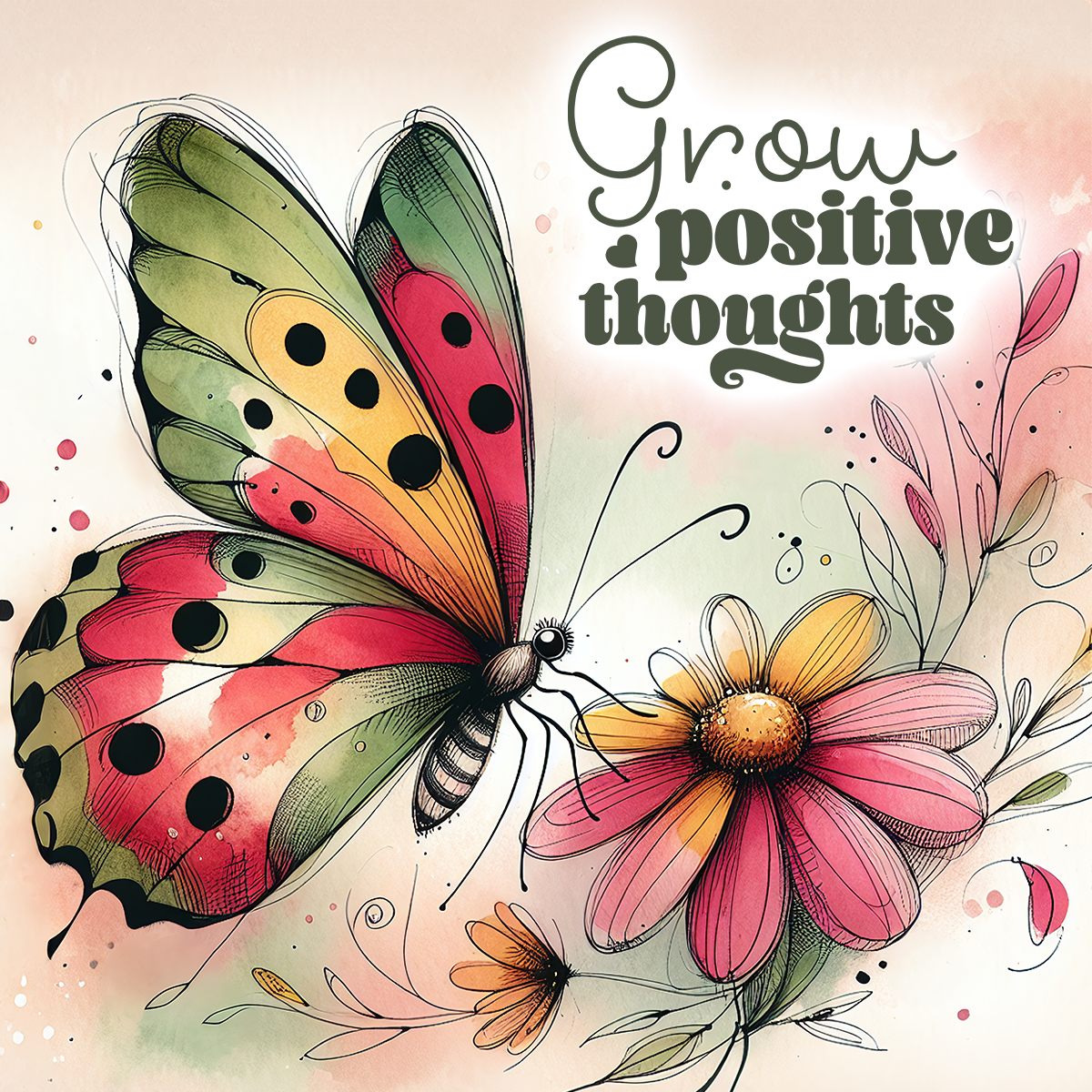 Watercolor butterfly with "Grow positive thoughts" text over pink and yellow flowers.
